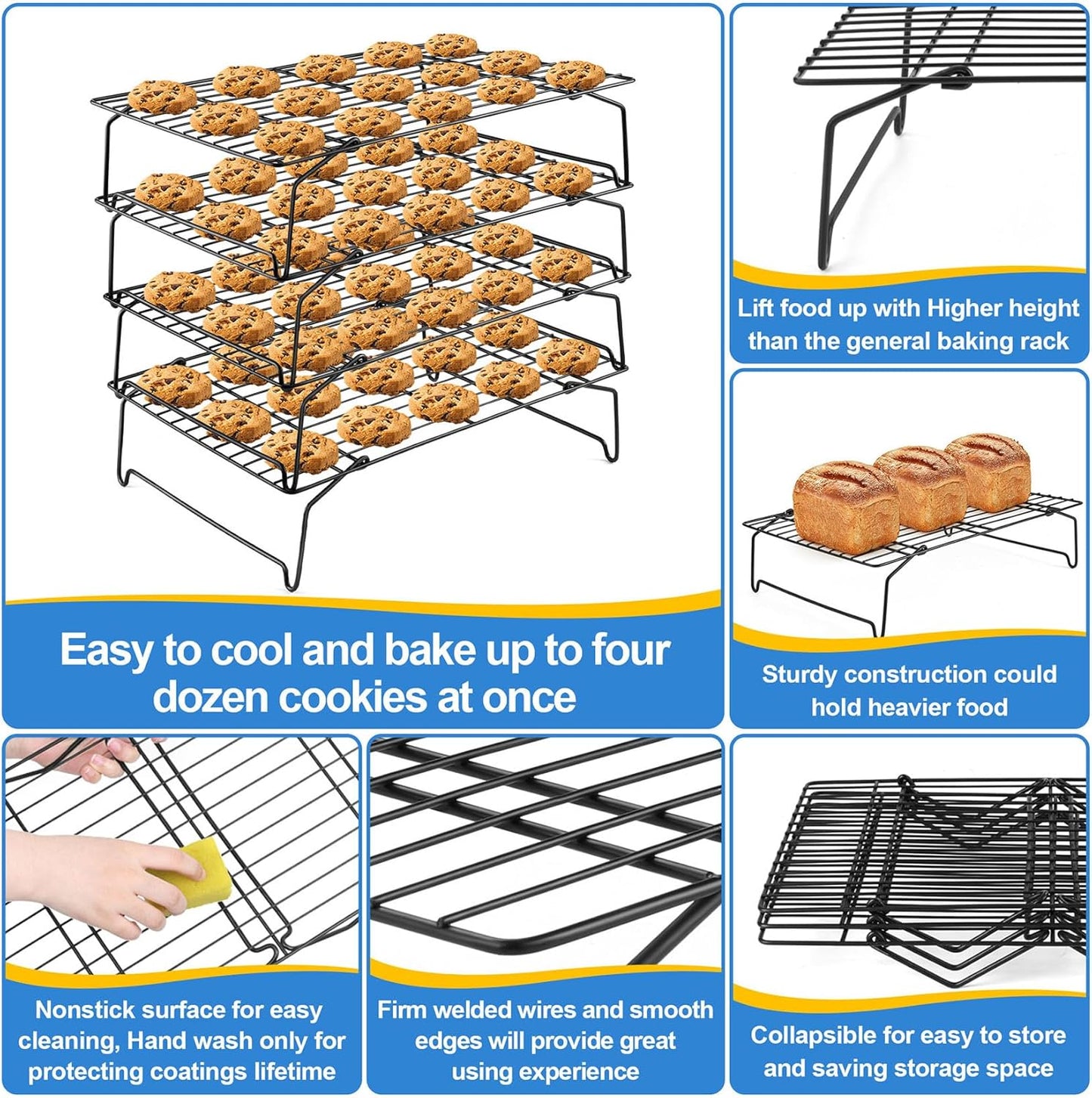P&P CHEF 4-Tier Cooling Rack Set, Stainless Steel Stackable Baking Cooking Racks for Cooling Roasting Cooking, Raised & Folding Feet, Oven Safe & Easy Clean, 15" x 10", Black