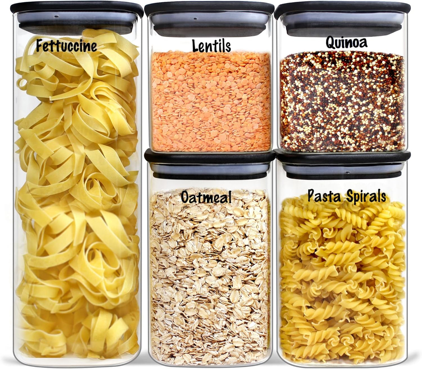 Urban Green Glass Jars with Black Bamboo Lids, food storage sets with airtight black lids, Glass Canisters Sets, Kitchen Organizing Jars (5 Sets of 27oz, 38oz, 66oz)