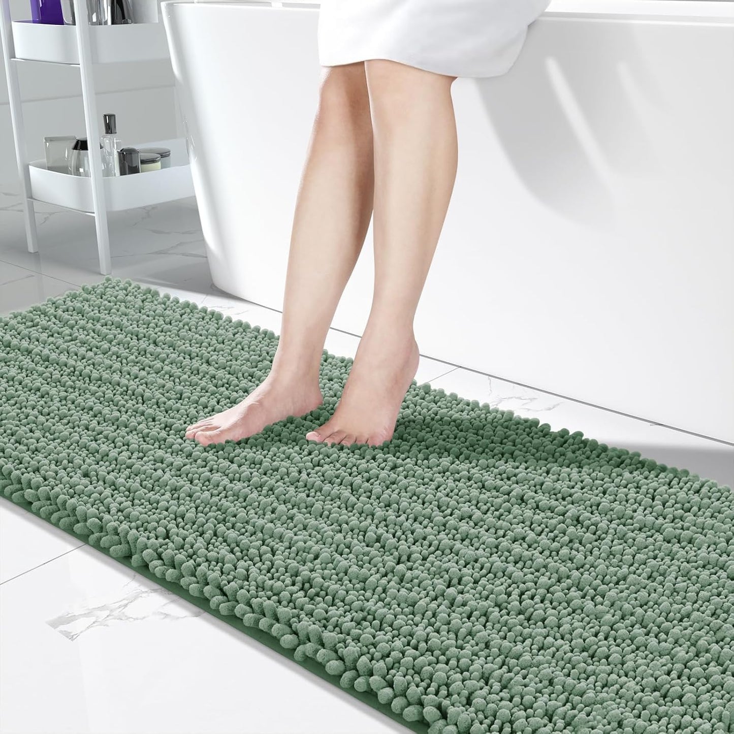 Yimobra Bathroom Runner Rug 70x24 Inch - Extra Long Non Slip Chenille Bath Mat, Soft & Absorbent, Machine Washable Shaggy Hallway Carpet for Vanity Tub Shower, Green Home Decor Accessories