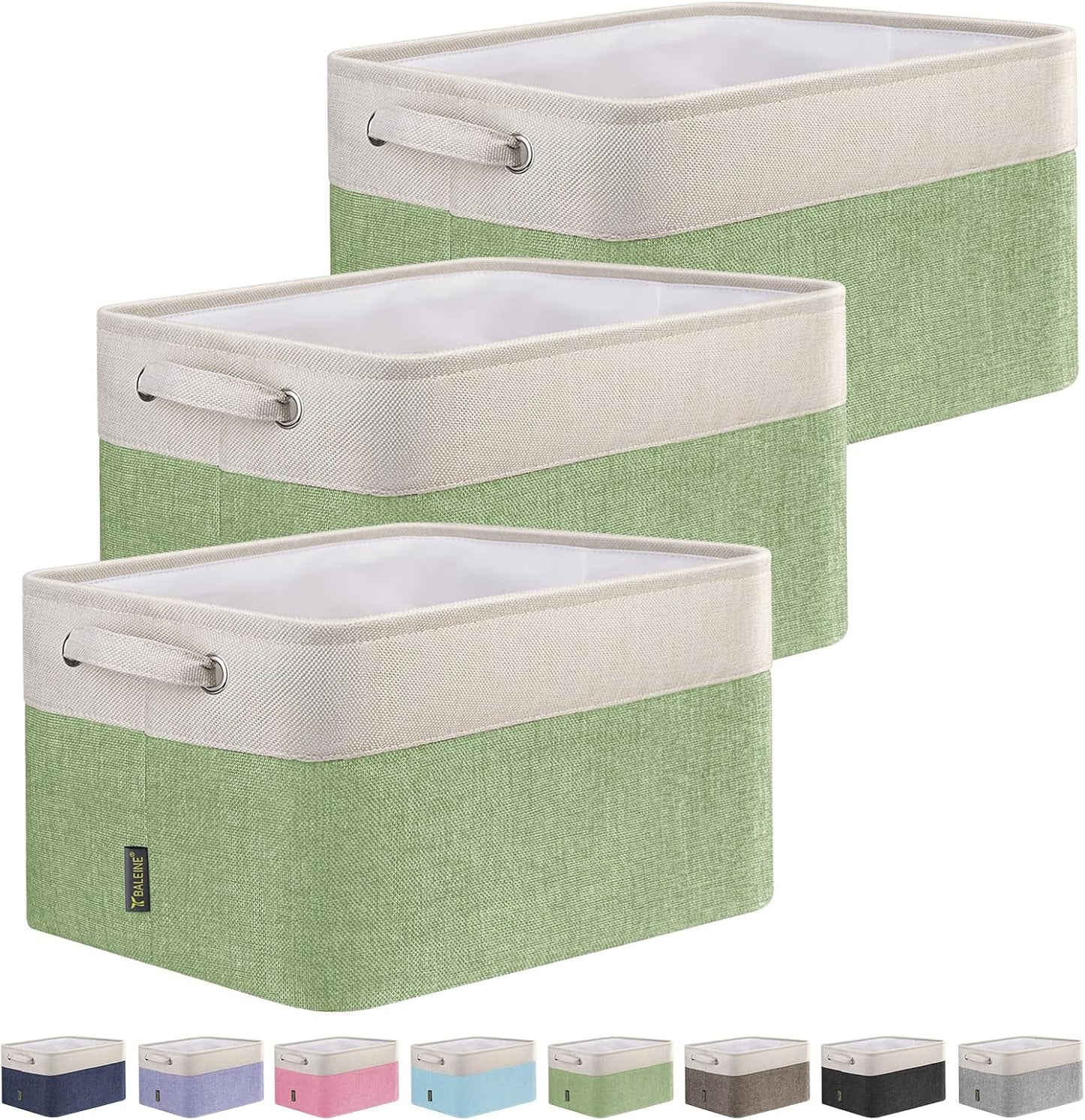 BALEINE 3 Pack Fabric Storage Bins for Shelves, Linen Storage Baskets for Organizing, Decorative Closet Bins for Clothes, Home (Green, 15''x11''x9.5'')