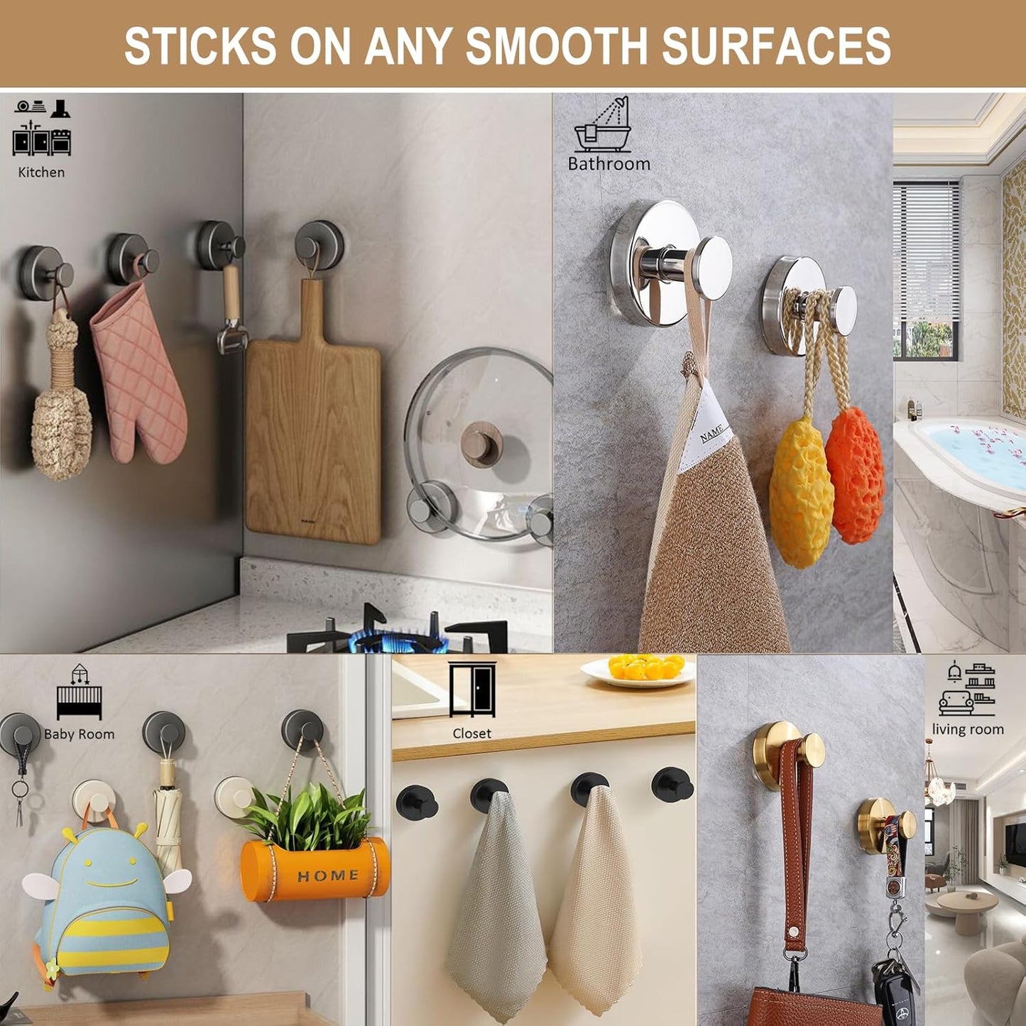 ZESLMG Suction Cup Hooks for Shower Wall, Door Wreaths, Removable Inside Shower Towel Hooks for Bathroom Window Glass Kitchen- Bath Robe Loofah Suction Hooks for Hanging More Surfaces (Gold, 2 Pack)