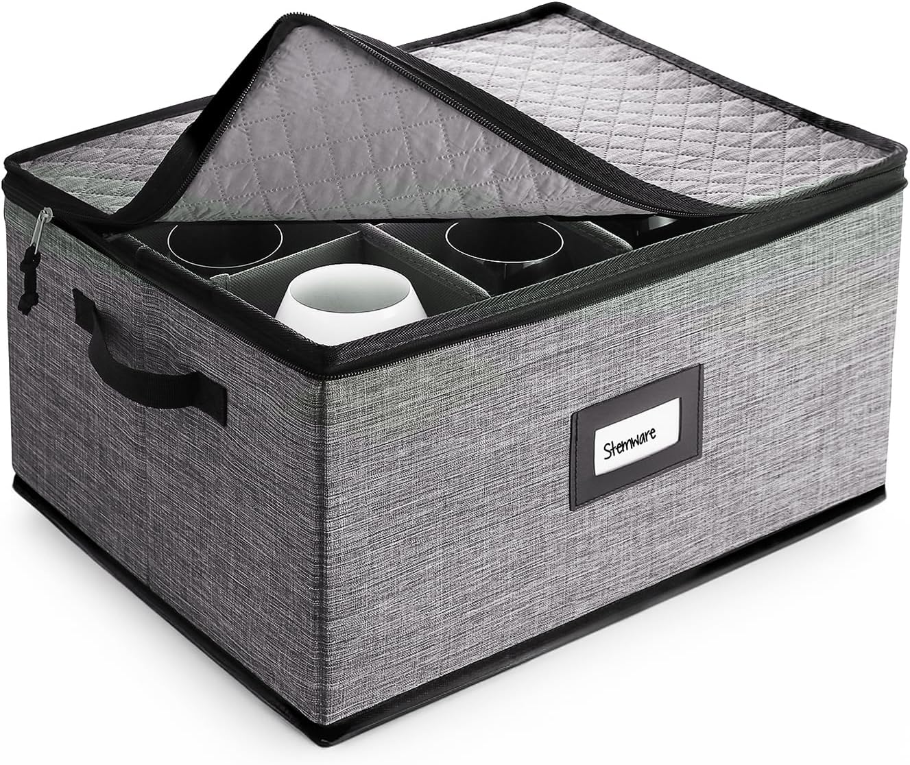Hearth & Harbor Wine Glass Storage Box with Dividers, Quilted and Stackable Stemware Storage Cases, Service of 12 Glass China Container Hard Shell for Moving and Organization, Grey