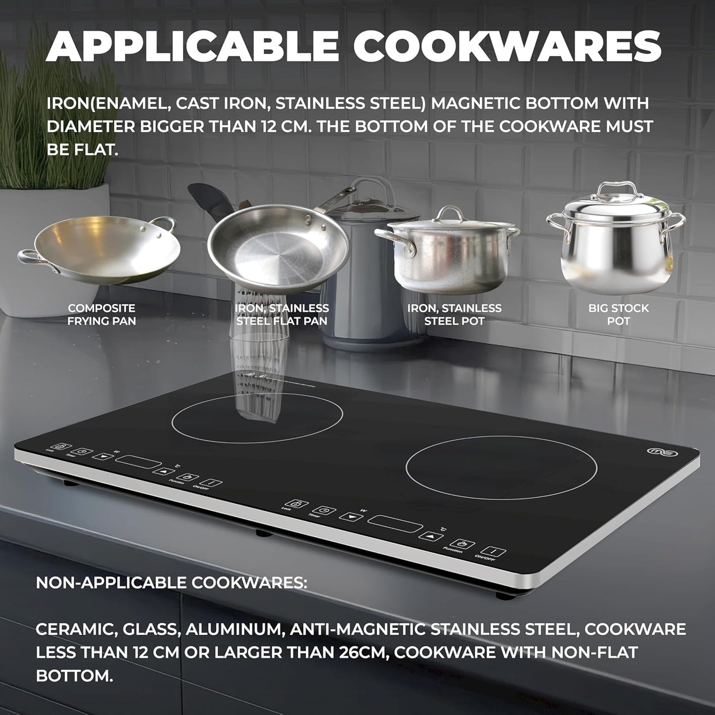 OMEO Portable Double Induction Cooktop 2 Burner Electric Cooktop, Touch Control 110V Induction Cooker with Safety Lock, Pause, Auto Shutoff Timer Setting, 9 Heating Level and Overheating Protection