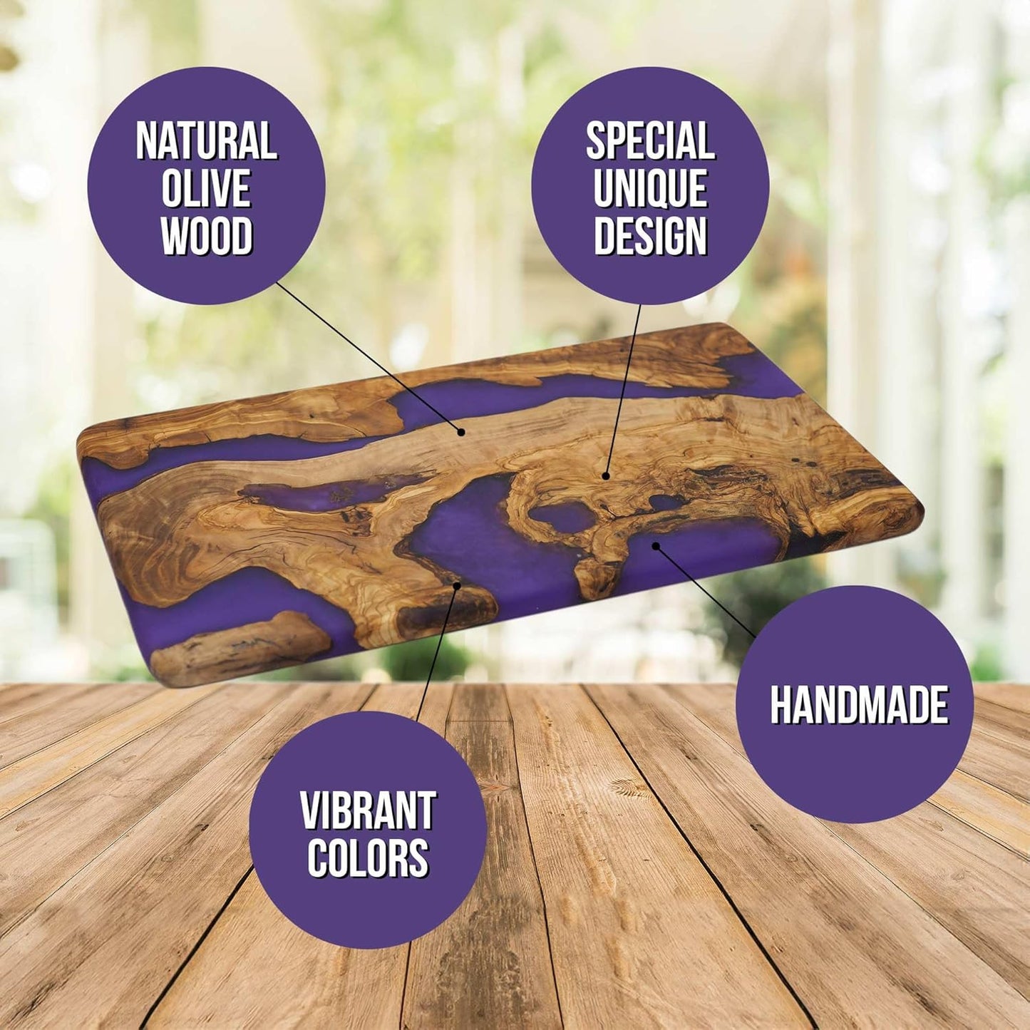 Handmade Epoxy Cutting Board & Charcuterie Board - Decorative, Olive Wood Boards for Serving Cheese, Fruit, Meat - Ideal for Kitchen, Unique Housewarming Gift - Purple Resin
