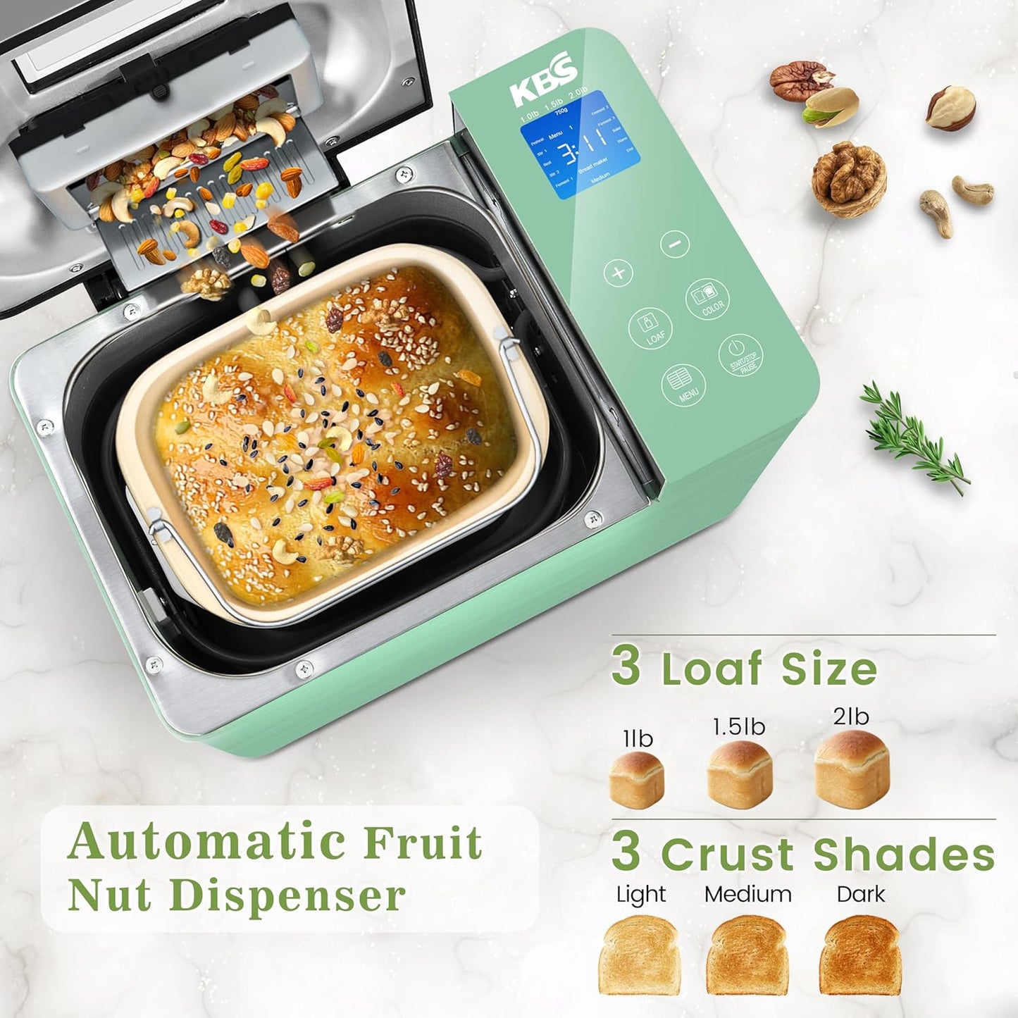 KBS 710W Convection Bread Maker Dual Heaters,2.2LB Bread Machine with Healthy Ceramic Pan&Auto Fruit Dispenser,17-in-1 Bread Maker Machine Gluten Free,Stainless Steel 15H Timer&Keep Warm, Touch Panel