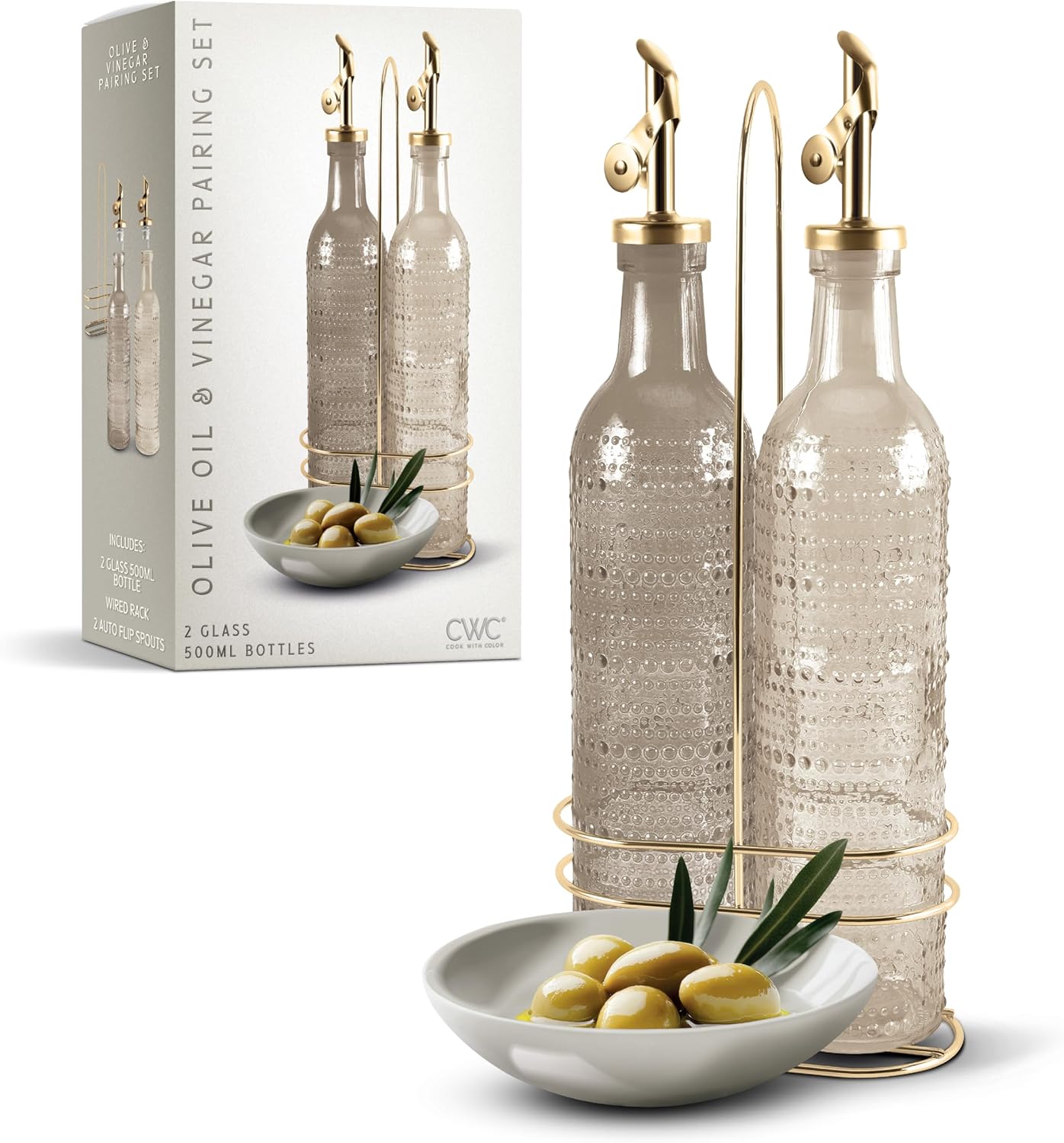 COOK WITH COLOR Glass Olive Oil Bottle Dispenser - 2 Pack- 17oz Oil and Vinegar Cruet - Olive Oil Carafe Decanter for Kitchen