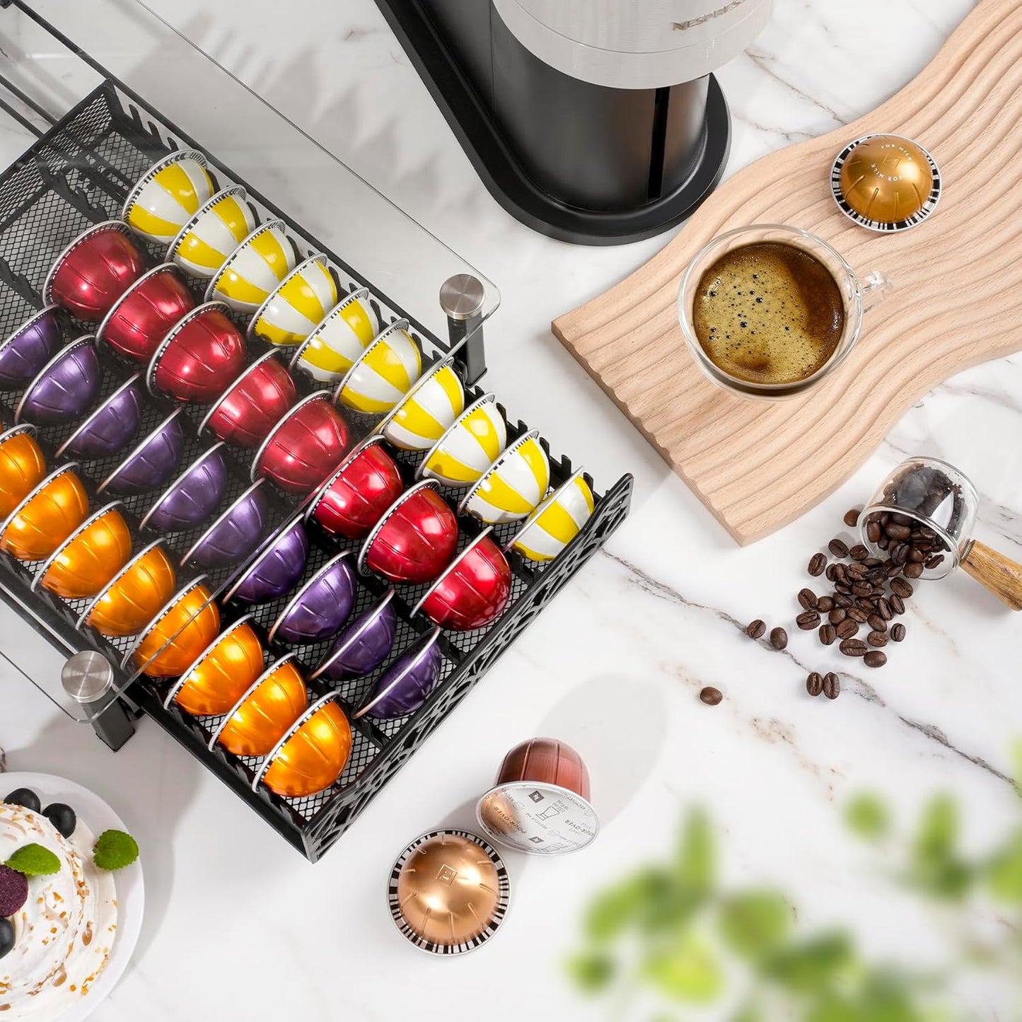 RECAPS Crystal Tempered Glass Coffee Pod Drawer Organizer Compatible with Nespresso Vertuo, Hold up to 50 Small or 40 Big Vertuo Pods or 26 K-cup Pod,Sliding K Cup Drawer for Countertop