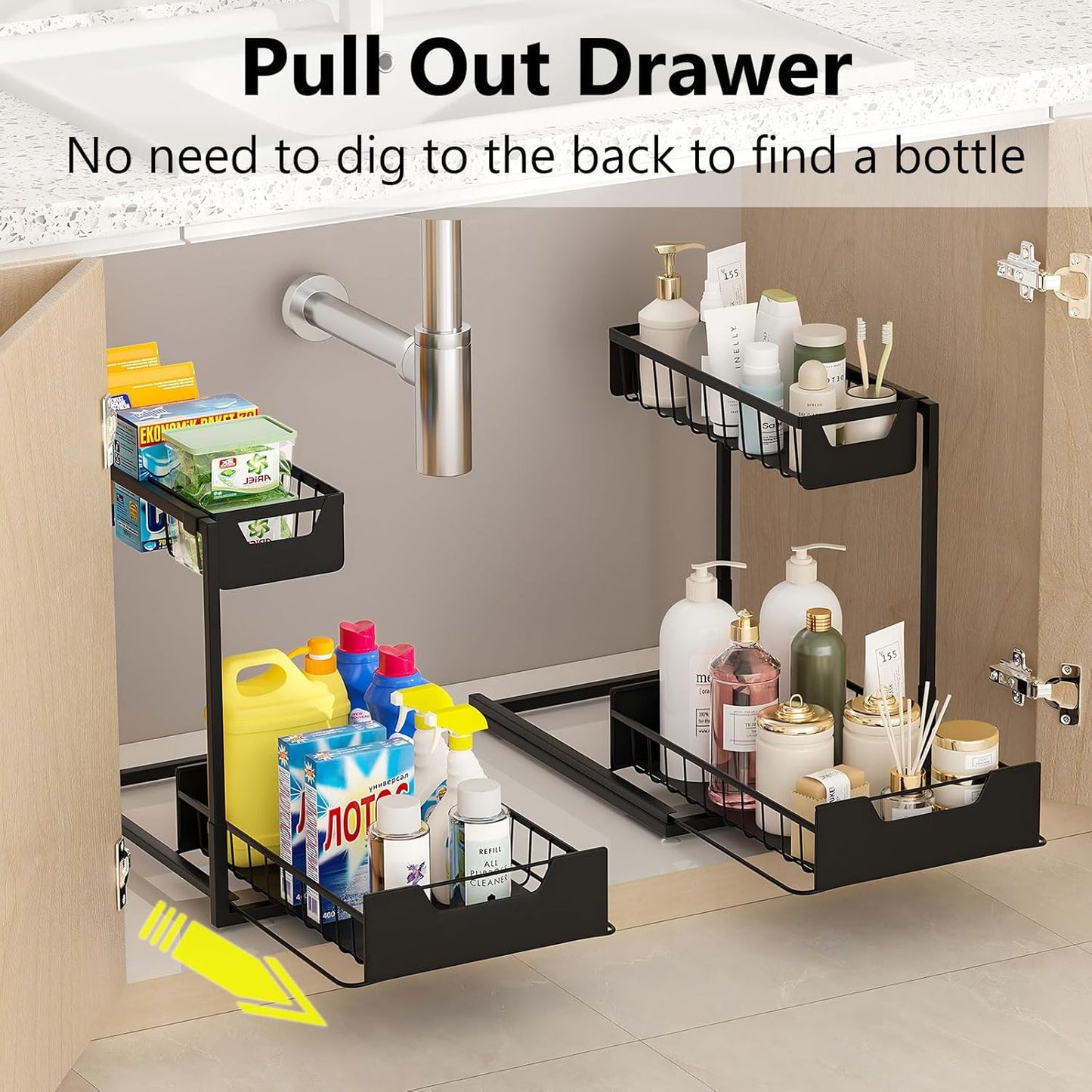 Under Kitchen Sink Organizers and Storage Pull Out 2 Tier Metal Bathroom Cabinet Organizer (Black, 2 Pack)