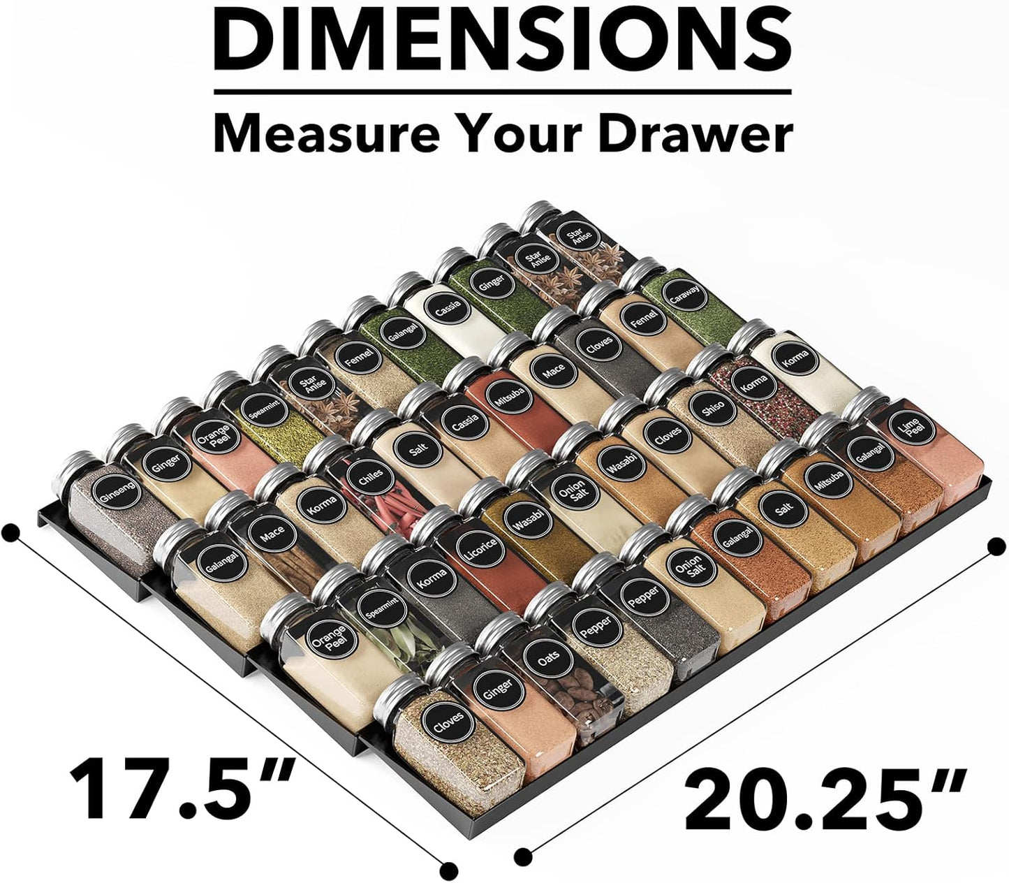 SpaceAid Spice Drawer Organizer with 44 Spice Jars, 386 Spice Labels, 4 Tier Seasoning Rack Tray Insert for Kitchen Drawers, 20.25" Wide x 17.5" Deep
