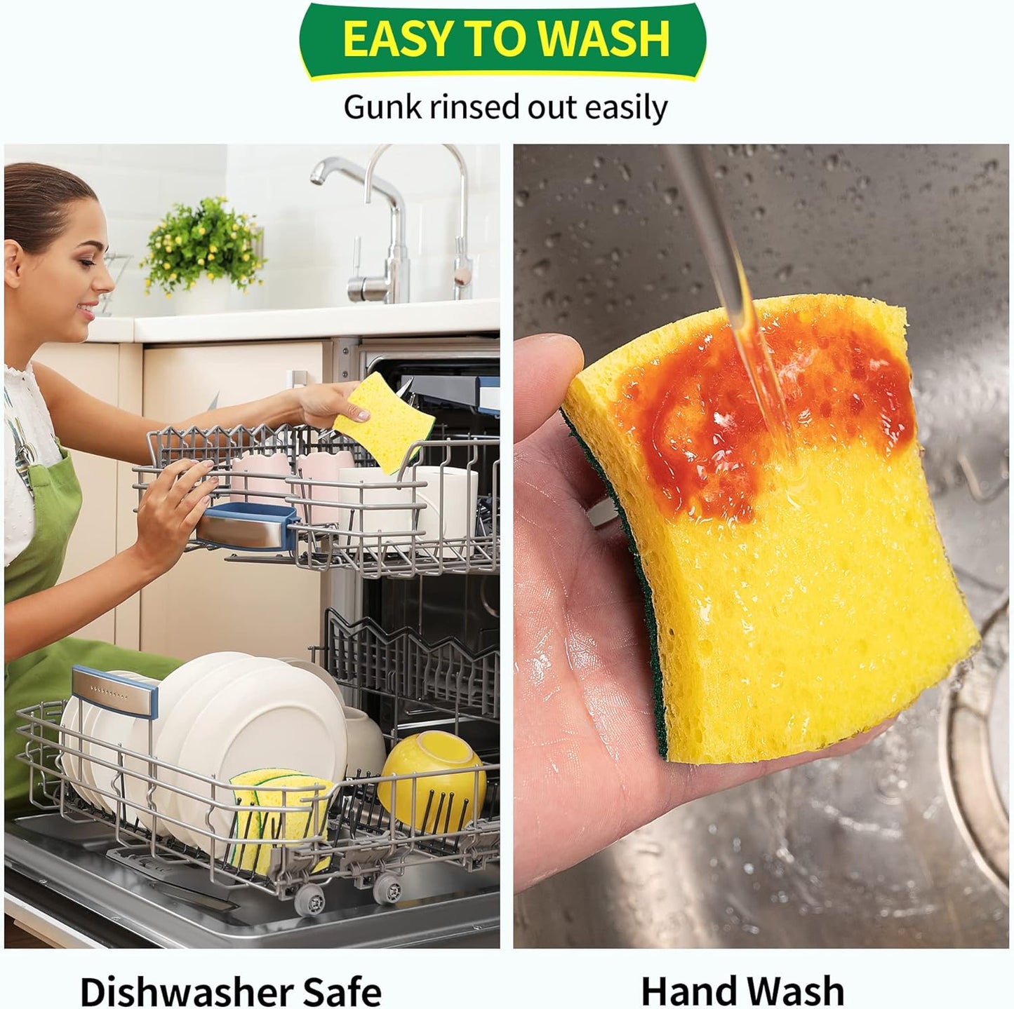 HOMERHYME Heavy Duty Cellulose Scrub Sponges, 12 Pack Dual-Sided Multipurpose Kitchen Sponge for Dishwashing, Uncoated Cookware, Sink, and Countertops