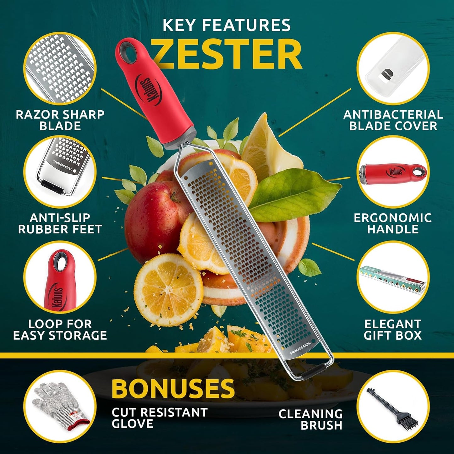 Lemon Zester & Parmesan Cheese Grater - Premium Citrus Zester Graters For kitchen W Stainless Steel, For Chocolate, Garlic, Ginger, Nutmeg, Fruits, Vegetables - Bonus Cleaning Brush & Glove