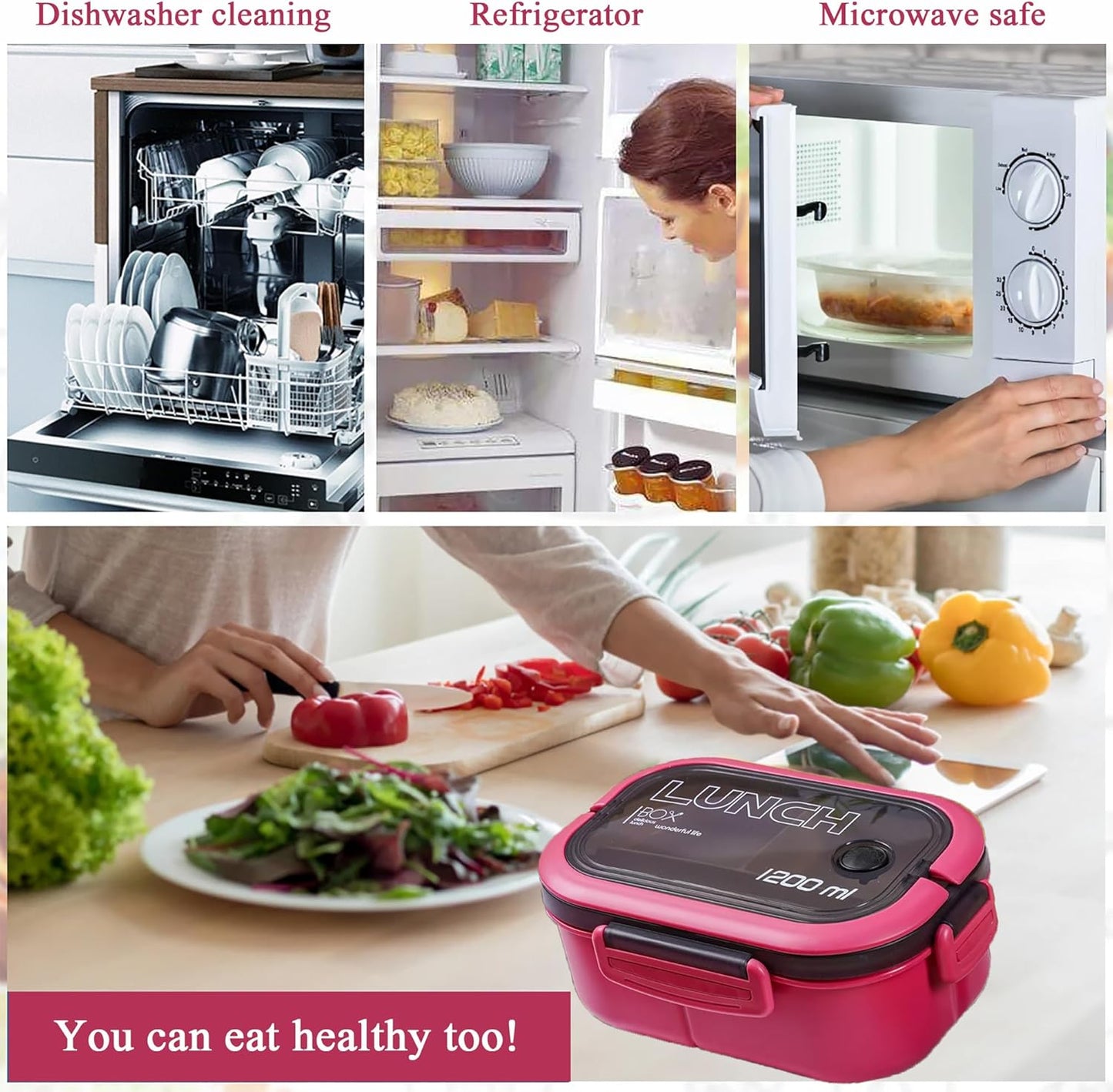 Bento Box Adult, Lunch Box for Men and Women, 1200ML Leak-proof Double-layered with Handle Lunchbox, Reusable BPA-Free Lunch Container, Microwave/Dishwasher Safe, Snack Box with Cutlery Set, Pink