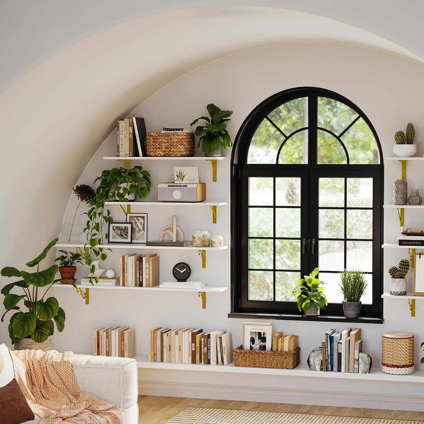 DINZI LVJ Long Wall Shelves, 47.3" Wall Mounted Shelves Set of 4, Large Floating Shelves for Wall with Metal Brackets, for Living Room, Bathroom, Bedroom, Kitchen, White and Gold