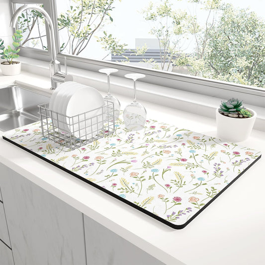 Rnivvi Dish Drying Mat for Kitchen Counter, XL 15 x 24" Cute Flower Theme Absorbent Draining Pad, Non-Slip Heat Resistant Coffee Bar Mat for Coffee Machine Station Accessories, White Dish Rack Pad
