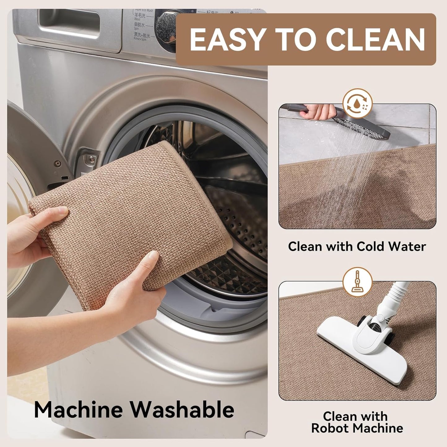 Kitchen Runner Rugs Non Slip Washable, Super Absorbent Cushioned Kitchen Mats for Floor, Linen-Look Woven Sink Mat Standing Floor Mat, Easy Clean, Brown 17"x59"