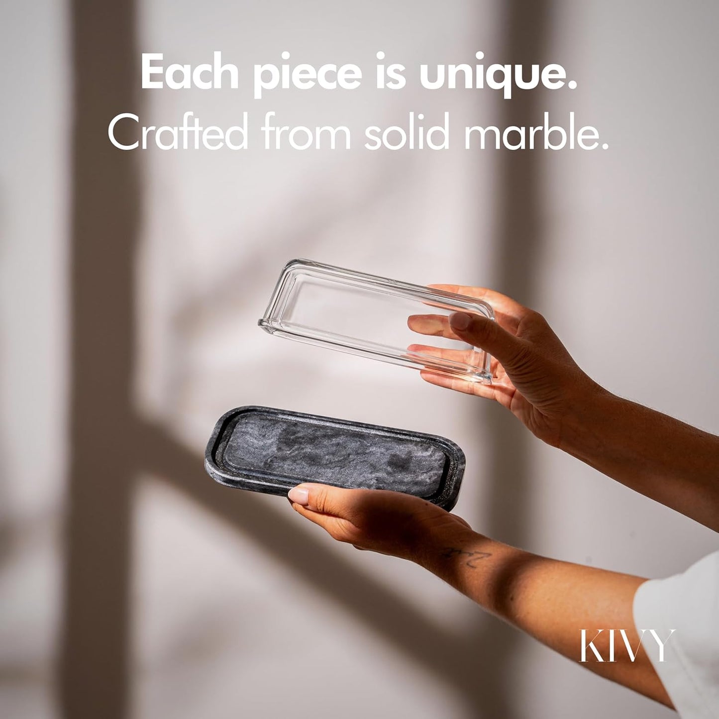 KIVY Butter Dish (Black Marble & Glass) - For countertop and refrigerator door shelf - Marble butter keeper - Stone butter dish - Glass butter dish with lid - Dishwasher Safe