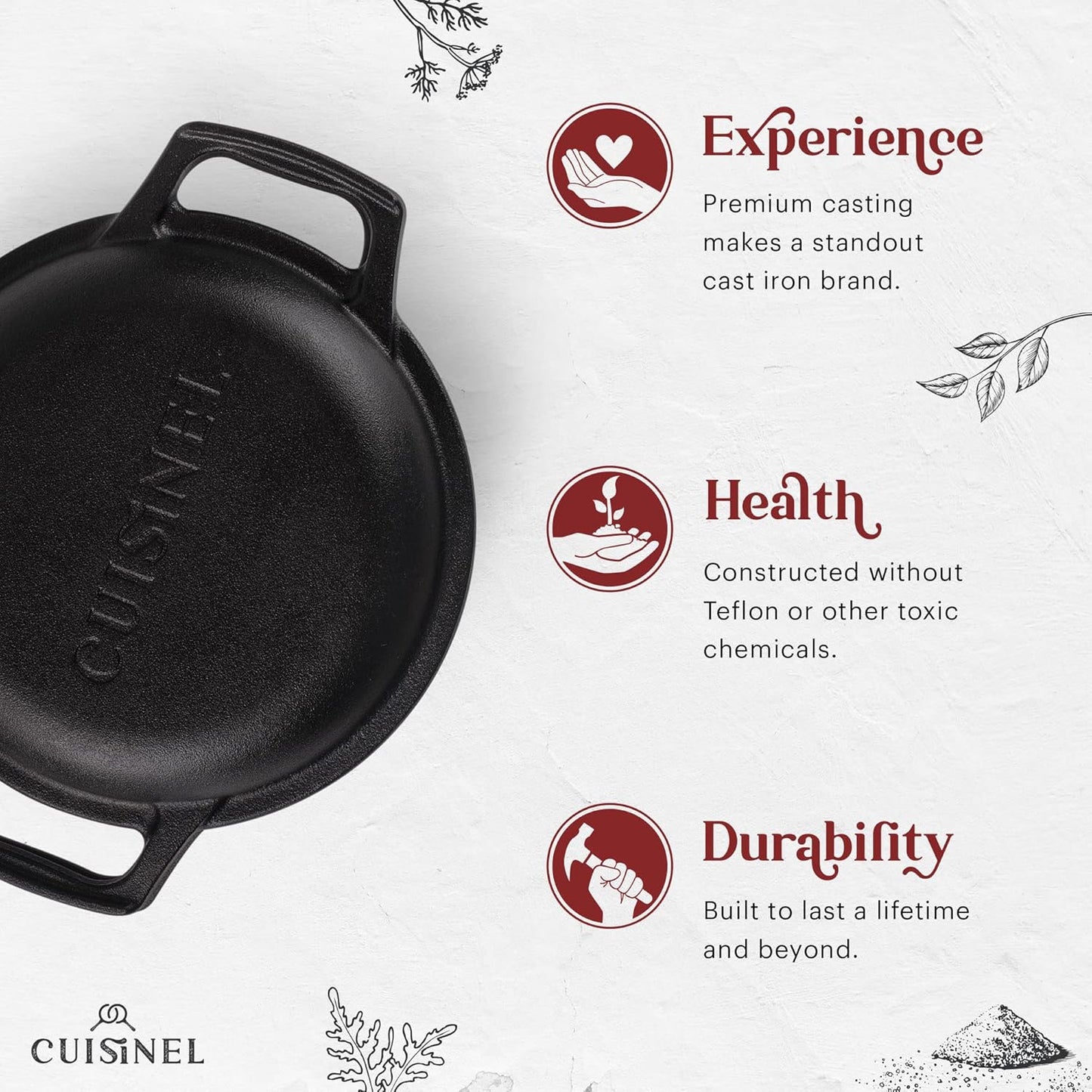 Cuisinel Cast Iron Dutch Oven - 3-Quart Deep Pot - Pre-Seasoned 2-in-1 Multi-Cooker - Combo Lid Doubles as 8"-inch Skillet Frying Pan + Silicone Handle Covers + Scraper - Use for Baking Bread