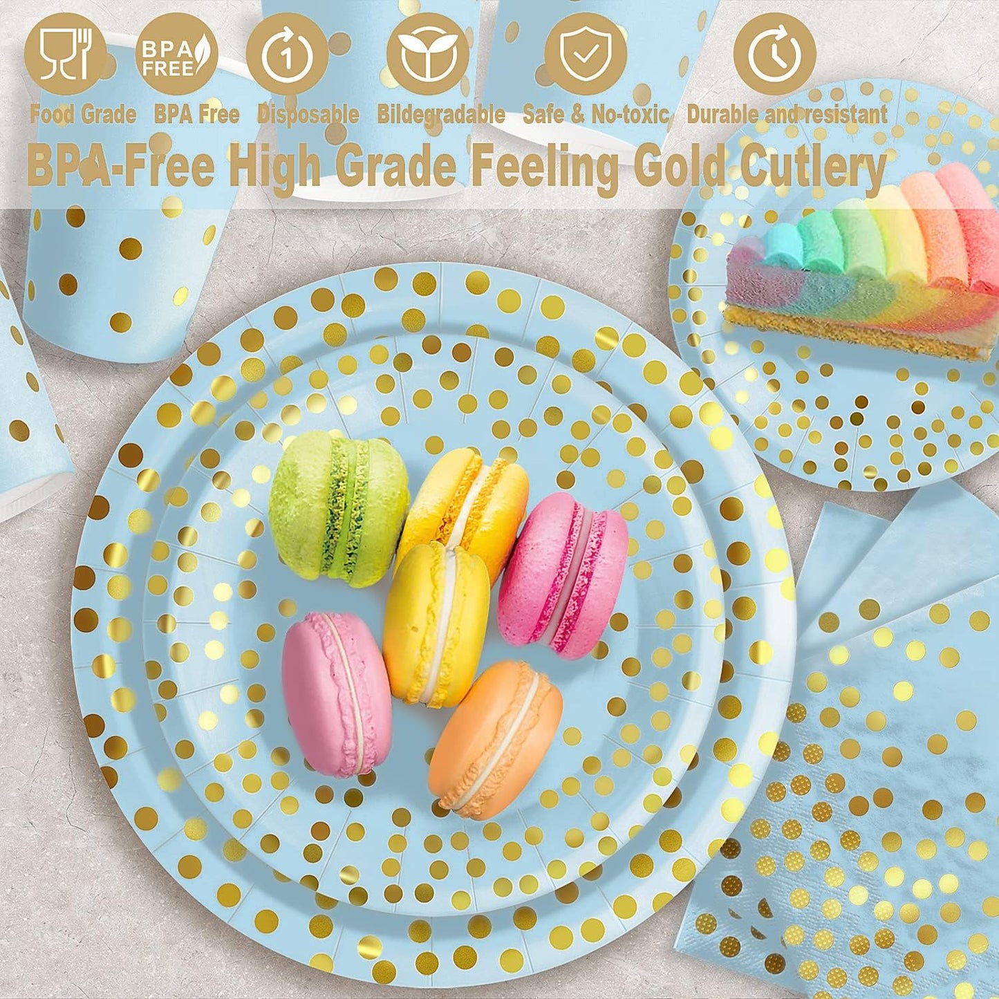 350PCS Blue and Gold Paper Plates Party Decorations Dinnerware Sets for 50 Guests Plastic Forks Knives Spoons, Golden Dot Blue Party Plates Napkins Cups for Birthday Baby Shower Wedding New Year