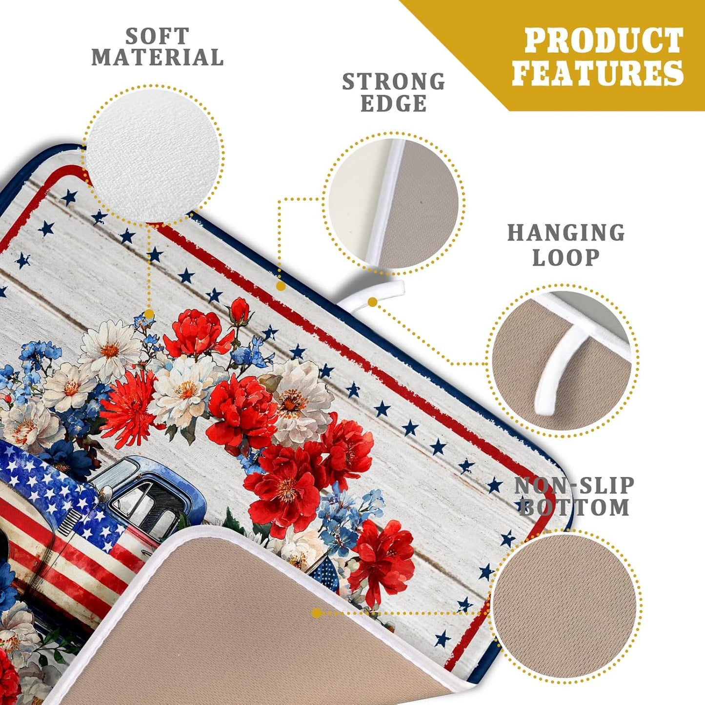 American Flag Dish Drainer Mat Flowers Absorbent Dish Rack Pad for Kitchen Coffee Bar Sinks