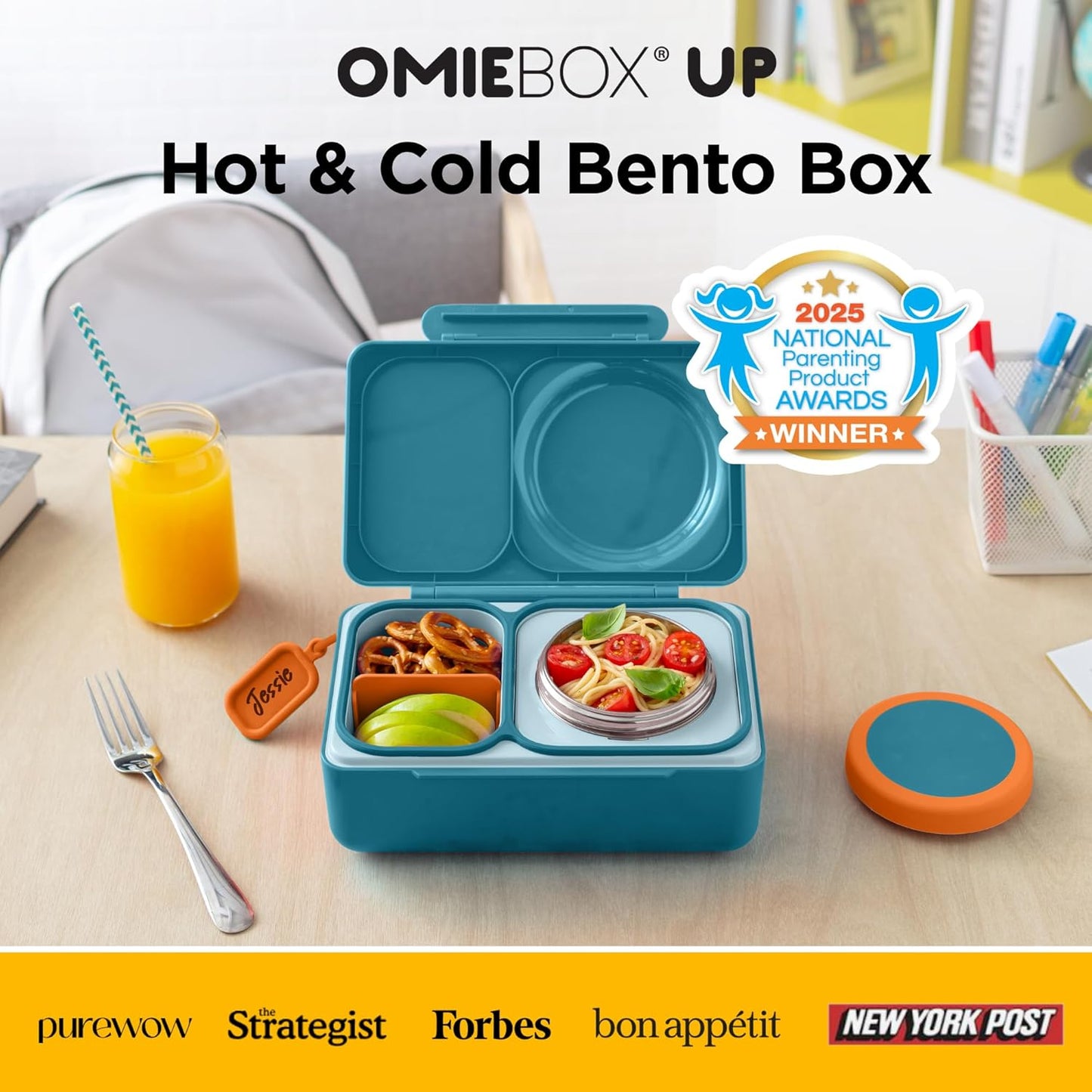 Omie OmieBox UP bento Box for Kids | Insulated Lunch Box | Leak Proof Vacuum Insulated Thermal Food jar | Cooler ice Pack | 2 Compartments (Teal Green)