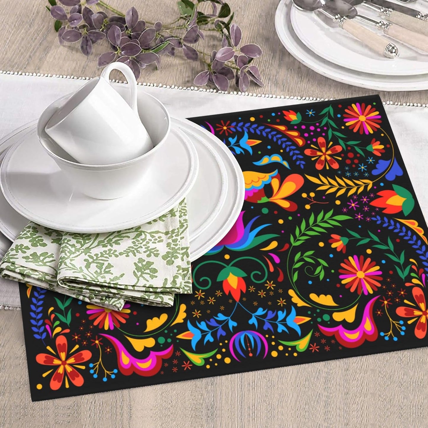 Mexican Dish Drying Mat for Kitchen Counter Mexican Flower Decorative Dish Drainer Rack Mats 16x18 Inch Absorbent Reversible Drying Pad Black