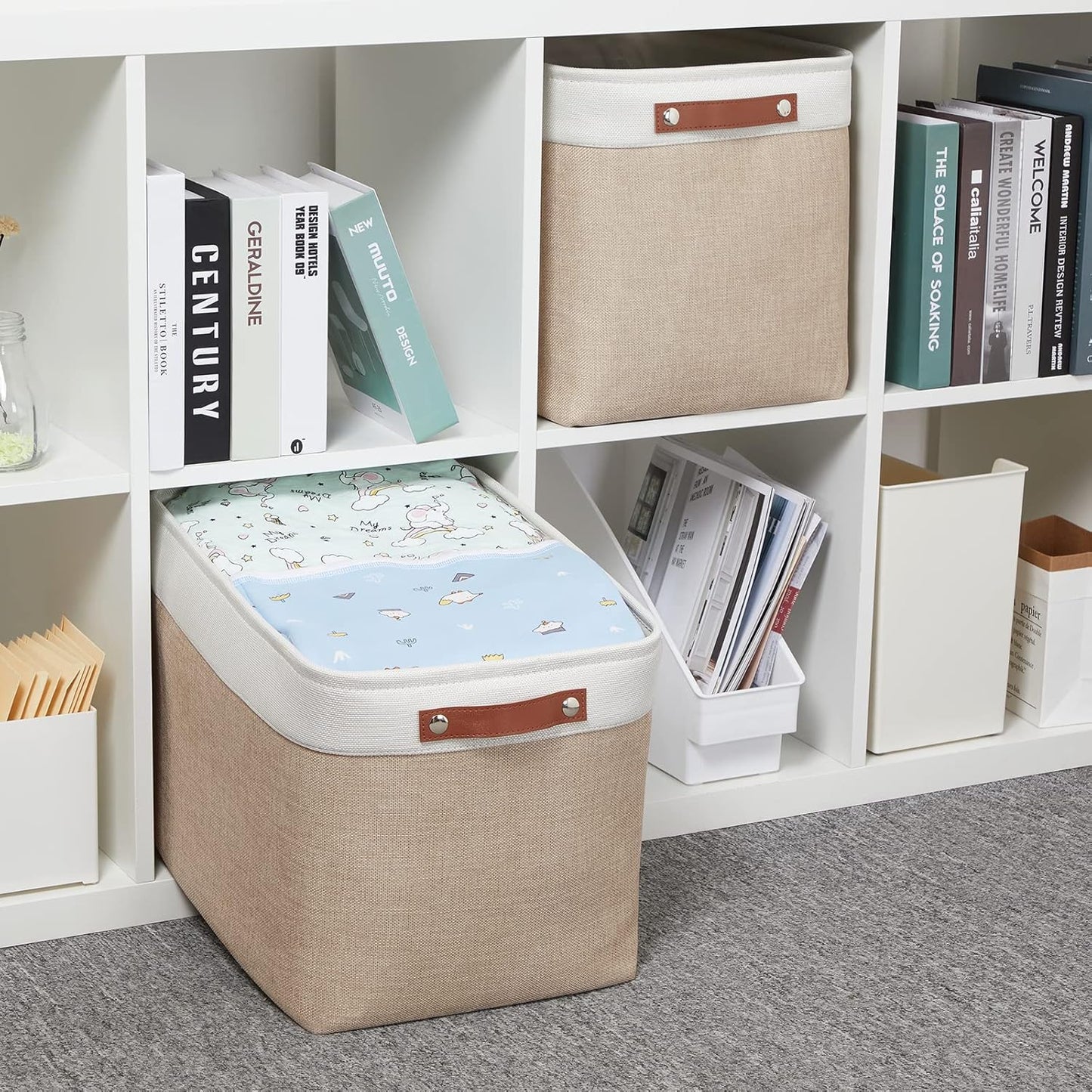 HNZIGE Fabric Storage Baskets for Organizing [2 Pack] Large Canvas Rectangular Storage Bins for shelves 16" X 11.8" X 11.8" Clothes Baskets Collapsible Bins for Closet Linen Organizers (Beige&White)