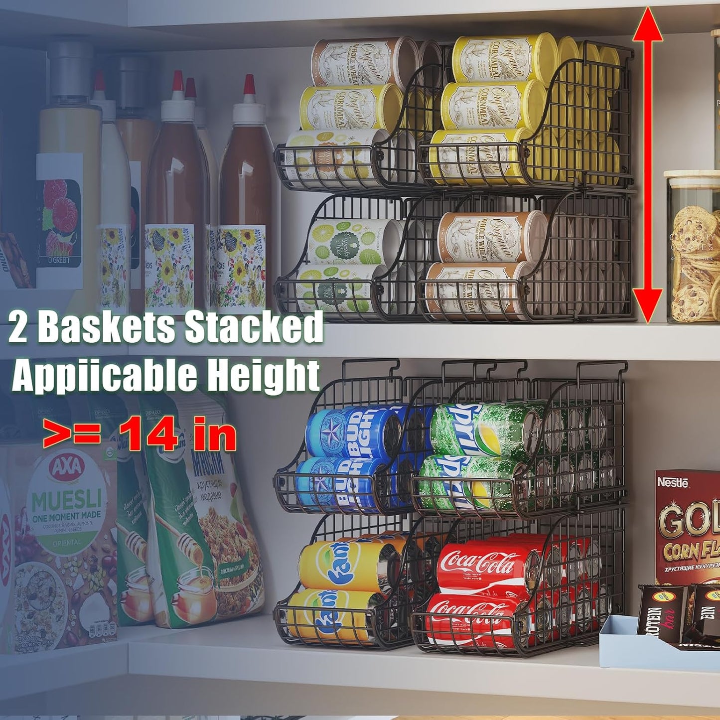 4-Pack Stackable Canned Food Organizer with Handles for Kitchen, Soda Can Organizer for Pantry Shelves, Wire Cabinet Shelf for Can Storage, Foldable Soda Dispenser, Patent Pending, Black