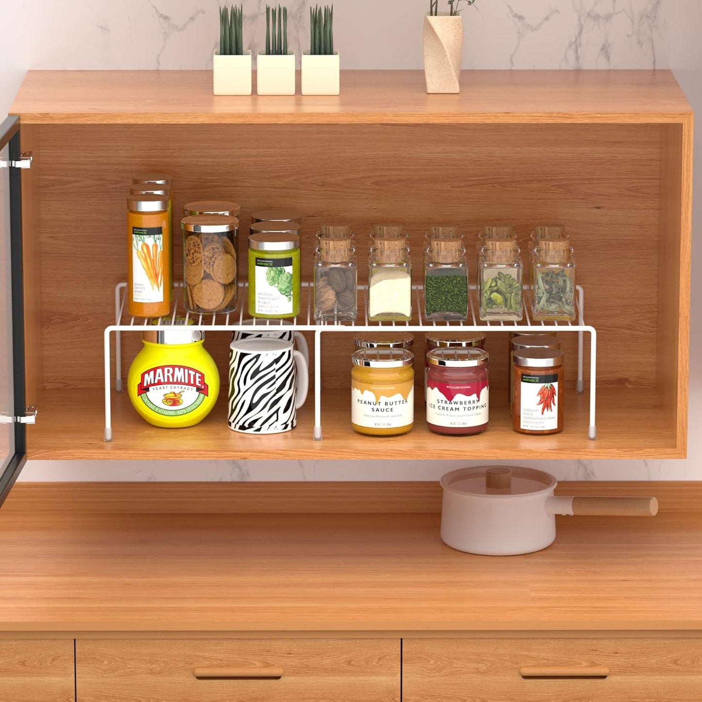 Redrubbit Cabinet Storage Shelf Rack, Expandable Metal Rustproof Kitchen Counter and Cabinet Shelf, Storage Rack Organizer Space Saver for Kitchen, Fridge, Cabinet, Bathroom, White, Set of 4