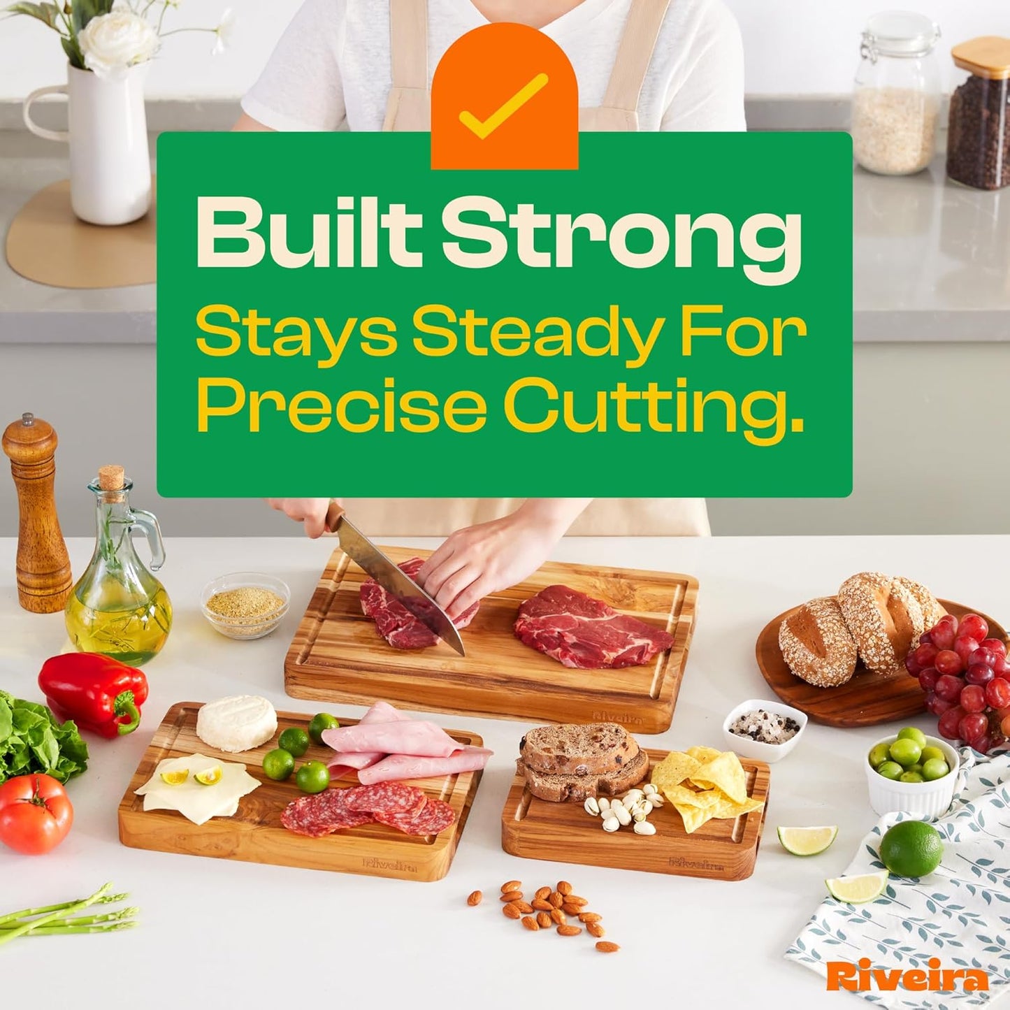 Riveira Teak Wood Cutting Board – Gourmet Teak Grandeur: 12 x 10 Wooden Cutting Board – Natural Wooden Cutting Boards For Kitchen Decorative – Innovative Juice Grooves Teak Wooden Chopping Board