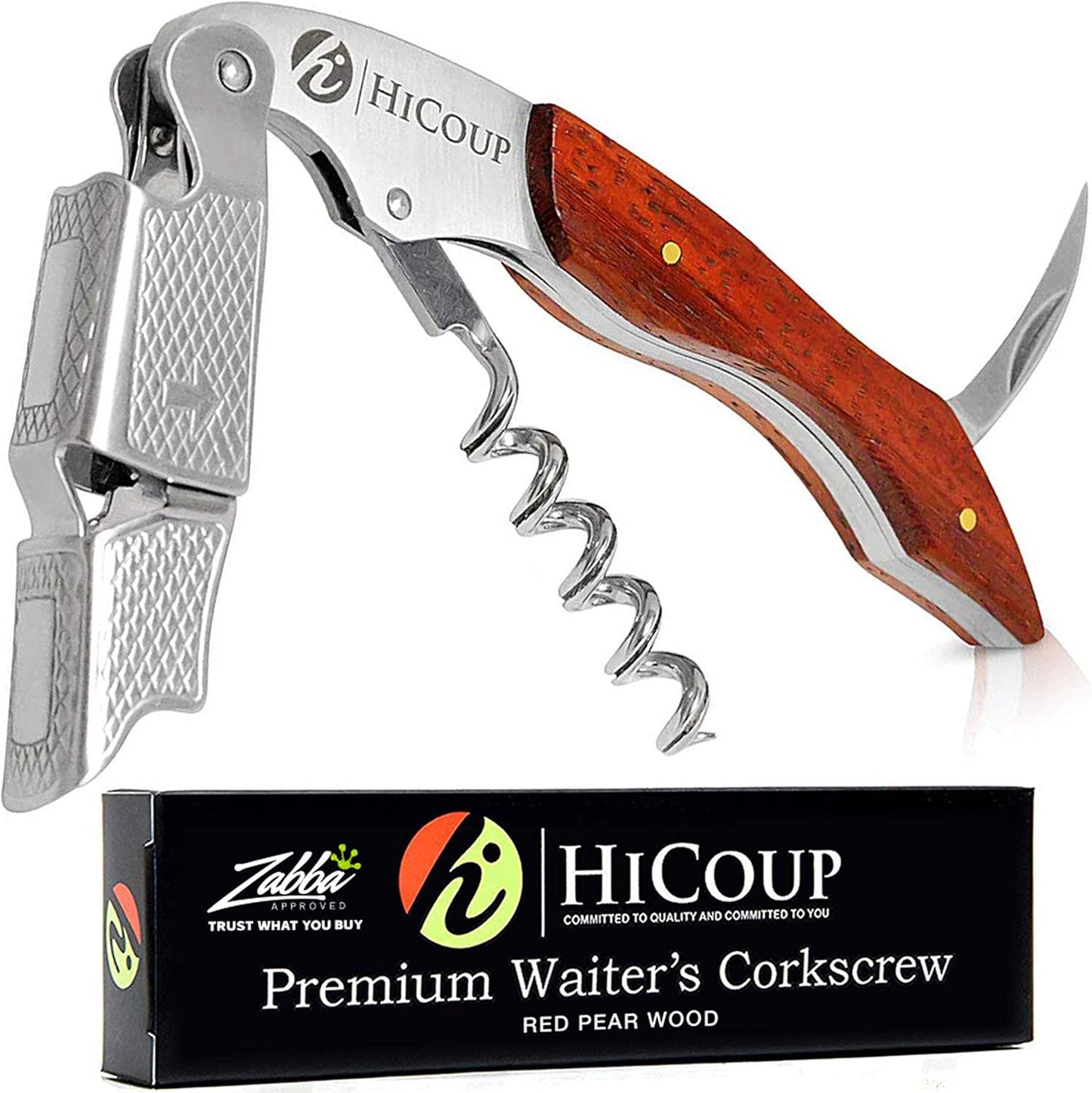 Hicoup Wine Opener - Professional Corkscrews for Wine Bottles w/Foil Cutter and Cap Remover - Manual Wine Key for Servers, Waiters, Bartenders and Home Use - Red Pear Wood