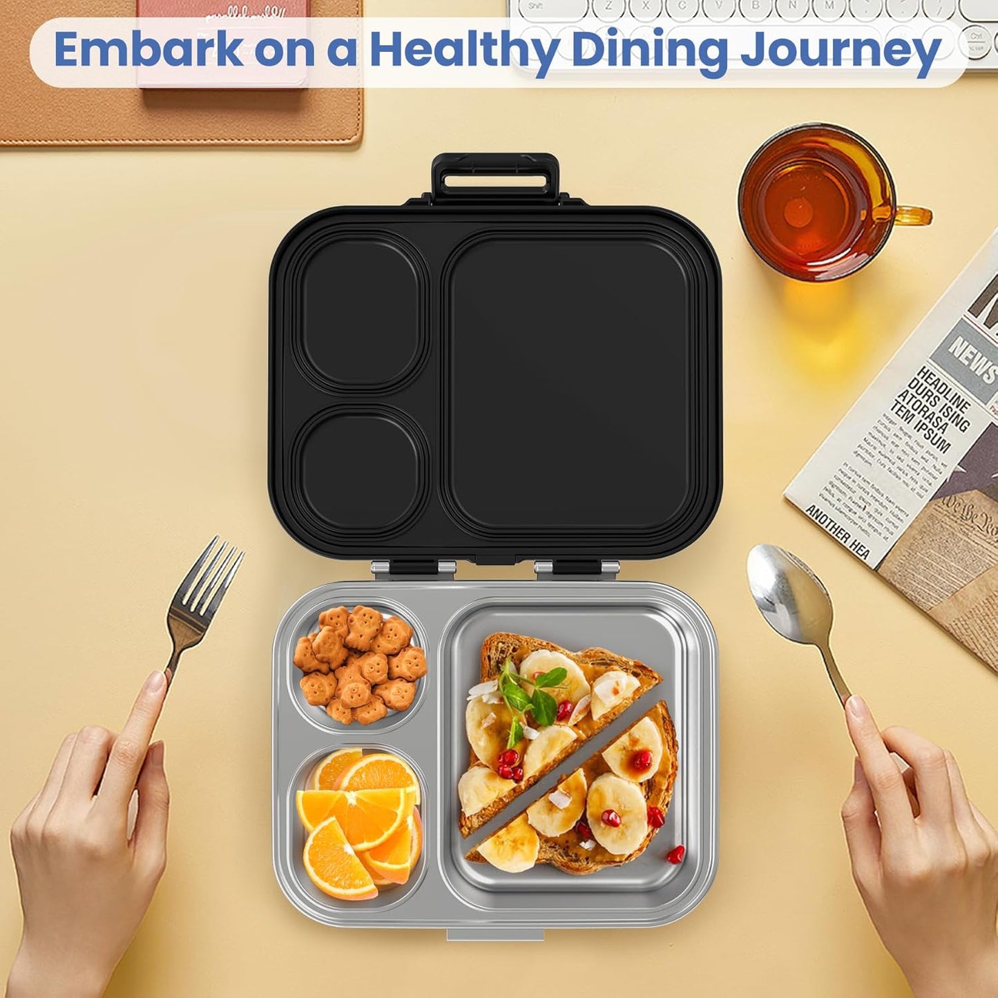 Stainless Steel Bento Lunch Box for Kids | 3-Compartment Lunch Box Container Kids | 100% Leakproof, Dishwasher-Safe, Eco-Friendly, Perfect Portion Control for Kids&Adult Healthy Meals (Black)