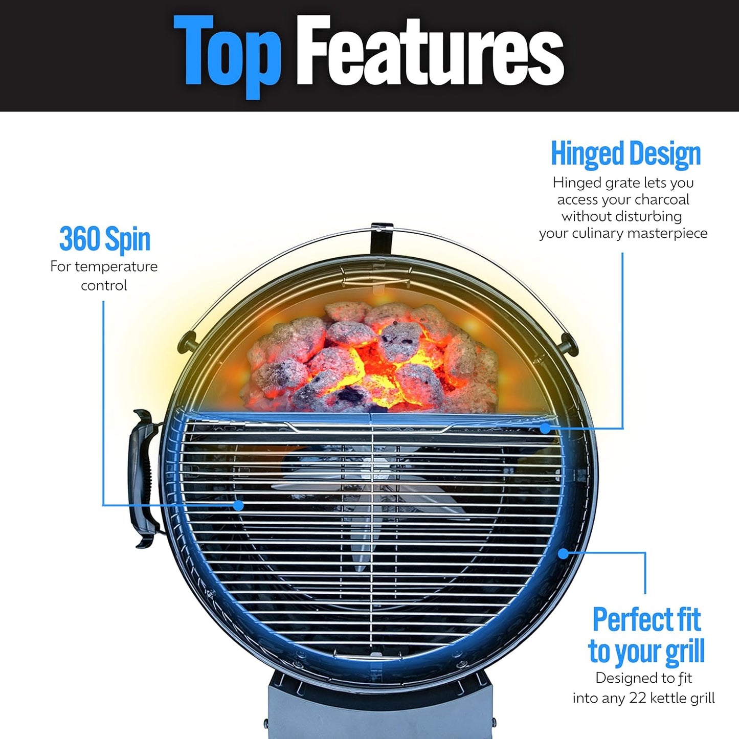 SnS Grills Slow ‘N Sear EasySpin Charcoal Grill Cooking Grate - Compatible with Weber and Other Grills, 2-Zone Stainless Steel Hinged Replacement - Tailgating & Backyard Cooking - 24” Inches