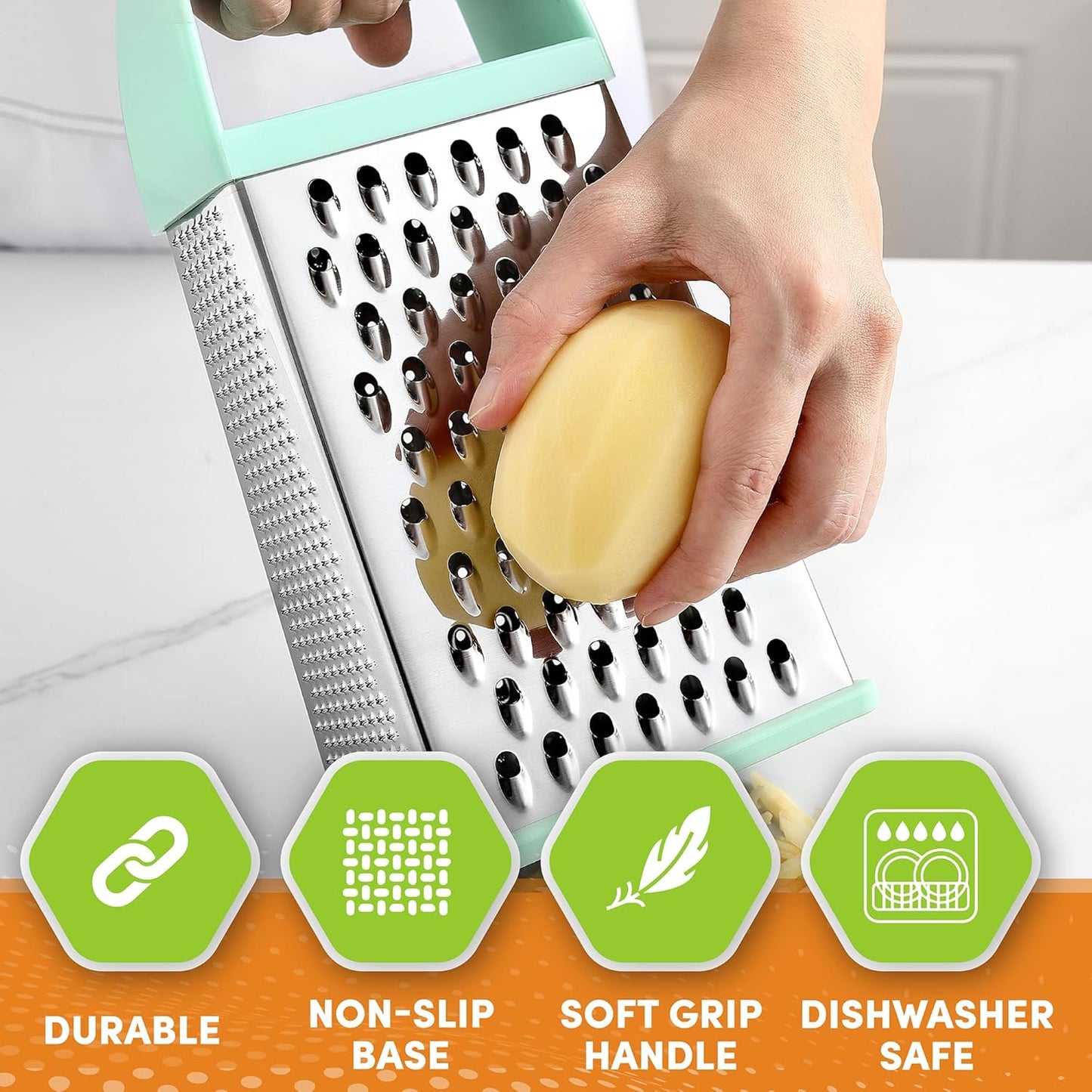 Spring Chef Professional 10" Stainless Steel Parmesan Cheese Grater with Handle, 4 Sided Handheld Box Grater, Kitchen Potato Shredder for Hash Browns, Hard Cheese, Ginger, Vegetables, Carrot - Mint