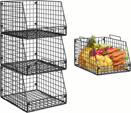3 Pack XXL Stackable Wire Baskets, Large Storage Bins for Onion, Potato, Vegetable, Fruit, Snack, Pantry Baskets for Kitchen Cabinet Countertop, Pantry Organizers and Storage Solutions