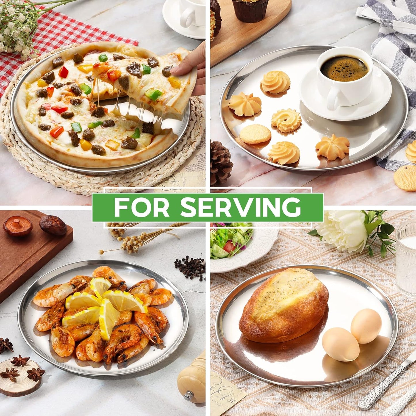 P&P CHEF 10 Inch Pizza Pan, Stainless Steel Round Pizza Tray Baking Pans, Pizzas Plate Serving Tray for Cookie Meat, Oven & Dishwasher Safe & Easy Cleaning, (Mirror Finish) - 8 Pieces