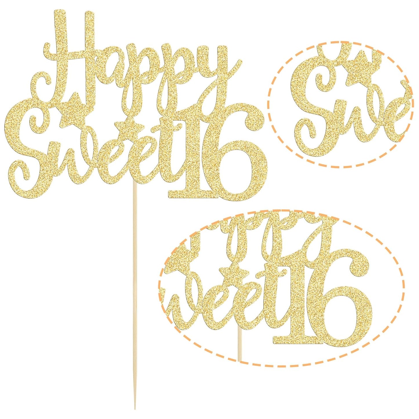 Gyufise 1Pc Happy Sweet 16 Cake Topper Gold Glitter 16th Birthday Cake Topper Sweet 16 Decorations 16th Birthday Decorations