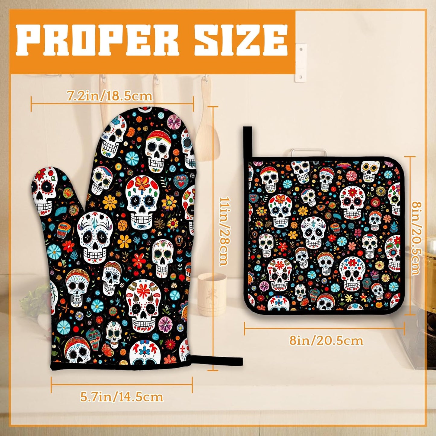 Day of The Dead Skull Mexican Oven Mitts and Pot Holders Set,Flower Kitchen Decor Heat Resistant Non Slip Hot Pads and Oven Mitt for Chef Cooking Baking BBQ Mom Girl Gifts(4 Piece Set)