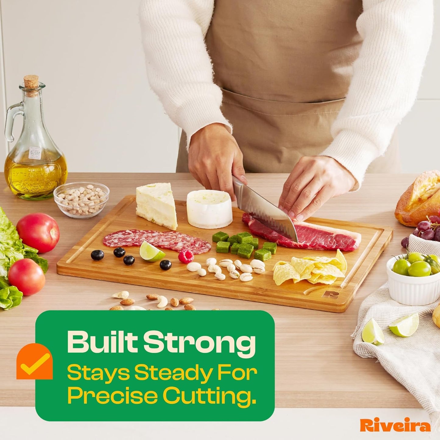 Riveira Brown Bamboo Wood Cutting Board – Gourmet Bamboo Grandeur: 18 x 12 Wooden Cutting Board – Wooden Cutting Boards For Kitchen Decorative – Innovative Juice Grooves Wooden Chopping Board