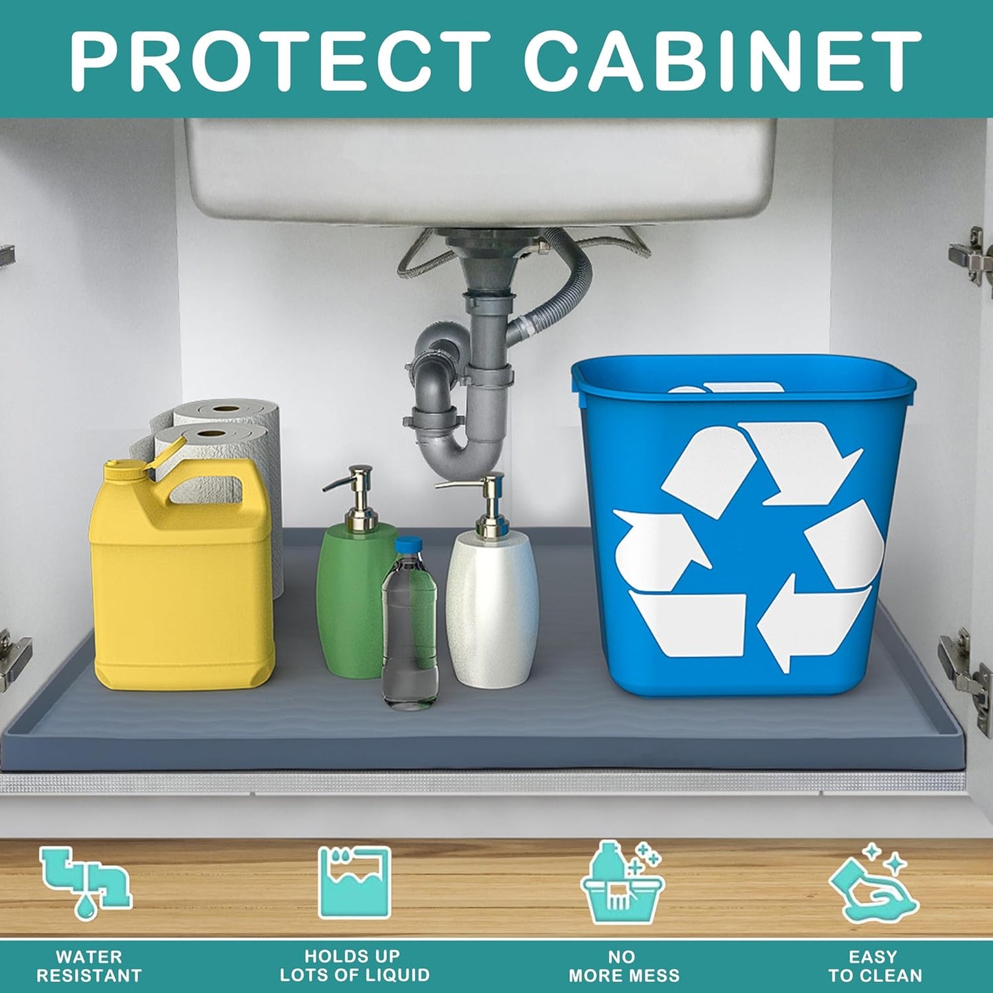 URMONA Waterproof Silicone Under Sink Mat 22'' x 19'' Shelf Liner for Kitchen and Bathroom, Cabinet and Counter Protector, Storage and Organizers, Litter Mat, Pet Cat Puppy Essentials(Light Grey)