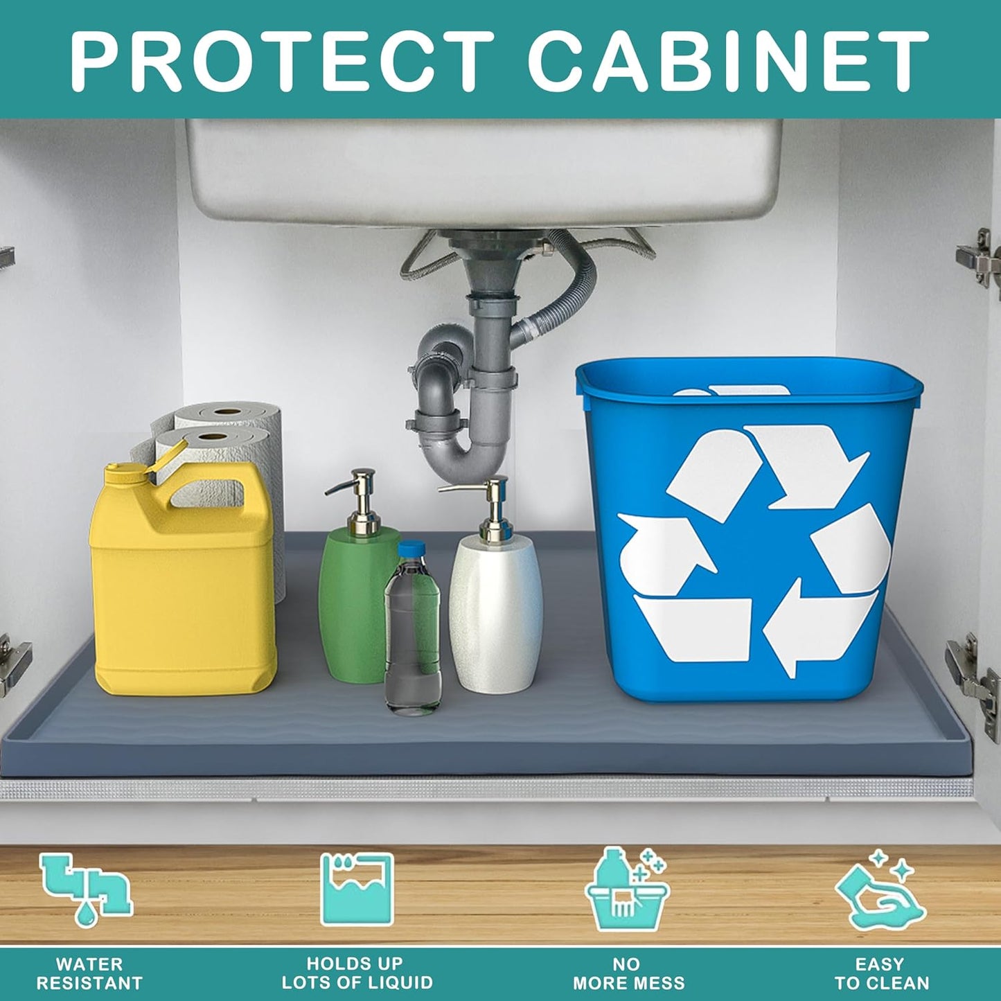 URMONA Waterproof Silicone Under Sink Mat 22'' x 14'' Shelf Liner for Kitchen and Bathroom, Cabinet and Counter Protector, Storage and Organizers, Litter Mat, Pet Cat Puppy Essentials(Beige)