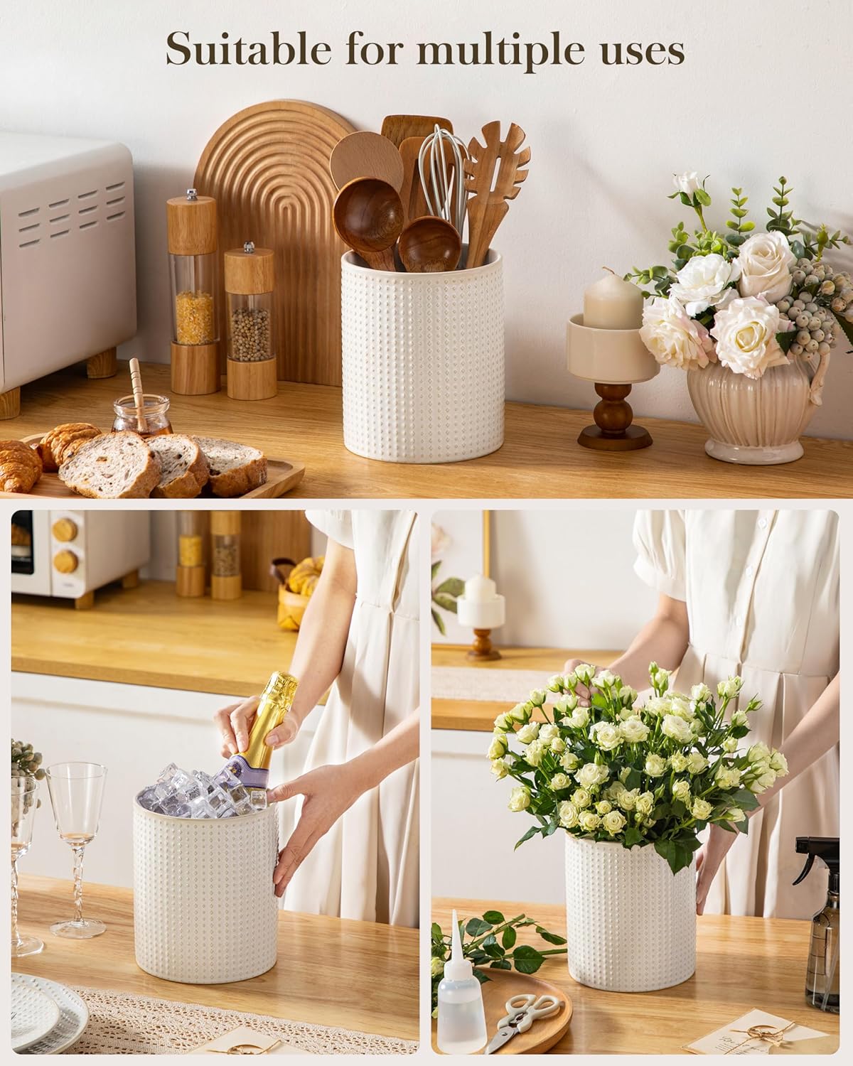 MALACASA LYDIA Ceramic Utensil Holders, 7.3"+5.5" Kitchen Utensil Crock Set for Countertop, Large & Small Utensil Organizers for Cooking Tools, Rhombus Pattern