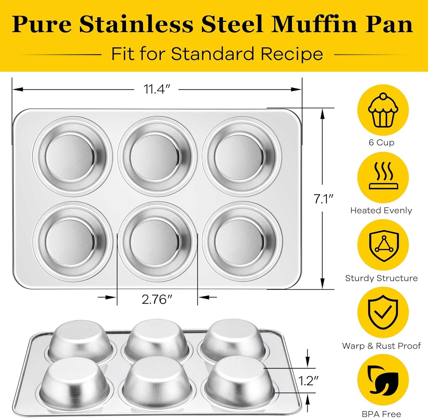 Homikit 2 Pack Muffin Pan, Stainless Steel Cupcake Baking Tin with 6 Cups Regular Size, 11.4 x 7 Inches Metal Egg Bites Tray for Toaster Oven, Rust Free & Non Toxic, Easy Release & Dishwasher Safe