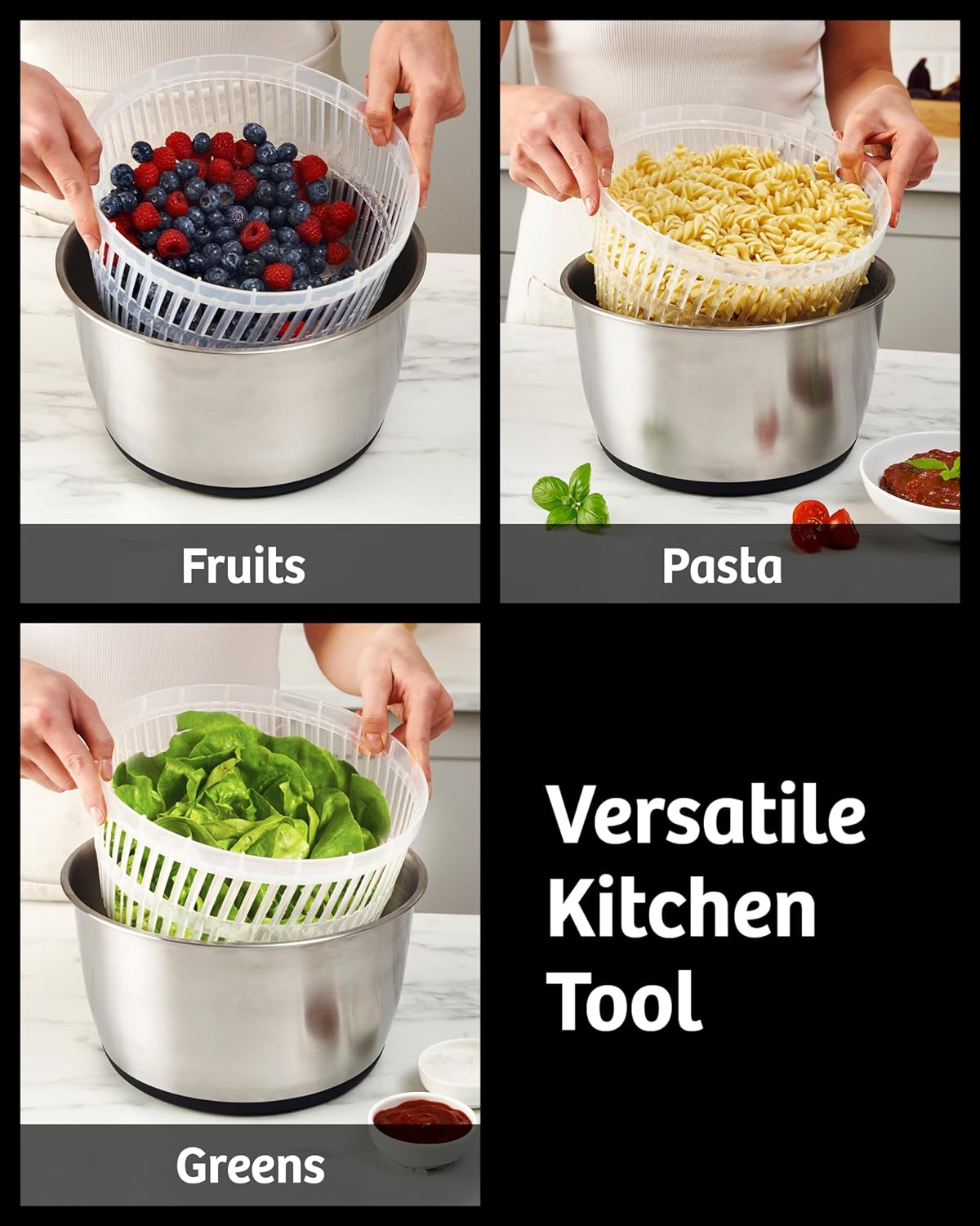 lily&stone Large Stainless Steel Pump Salad Spinner with Drain, Bowl, and Colander - Quick and Easy Multi-Use Lettuce Spinner, Vegetable Dryer, Fruit Washer, Pasta and Fries Spinner - 6.33 Qt