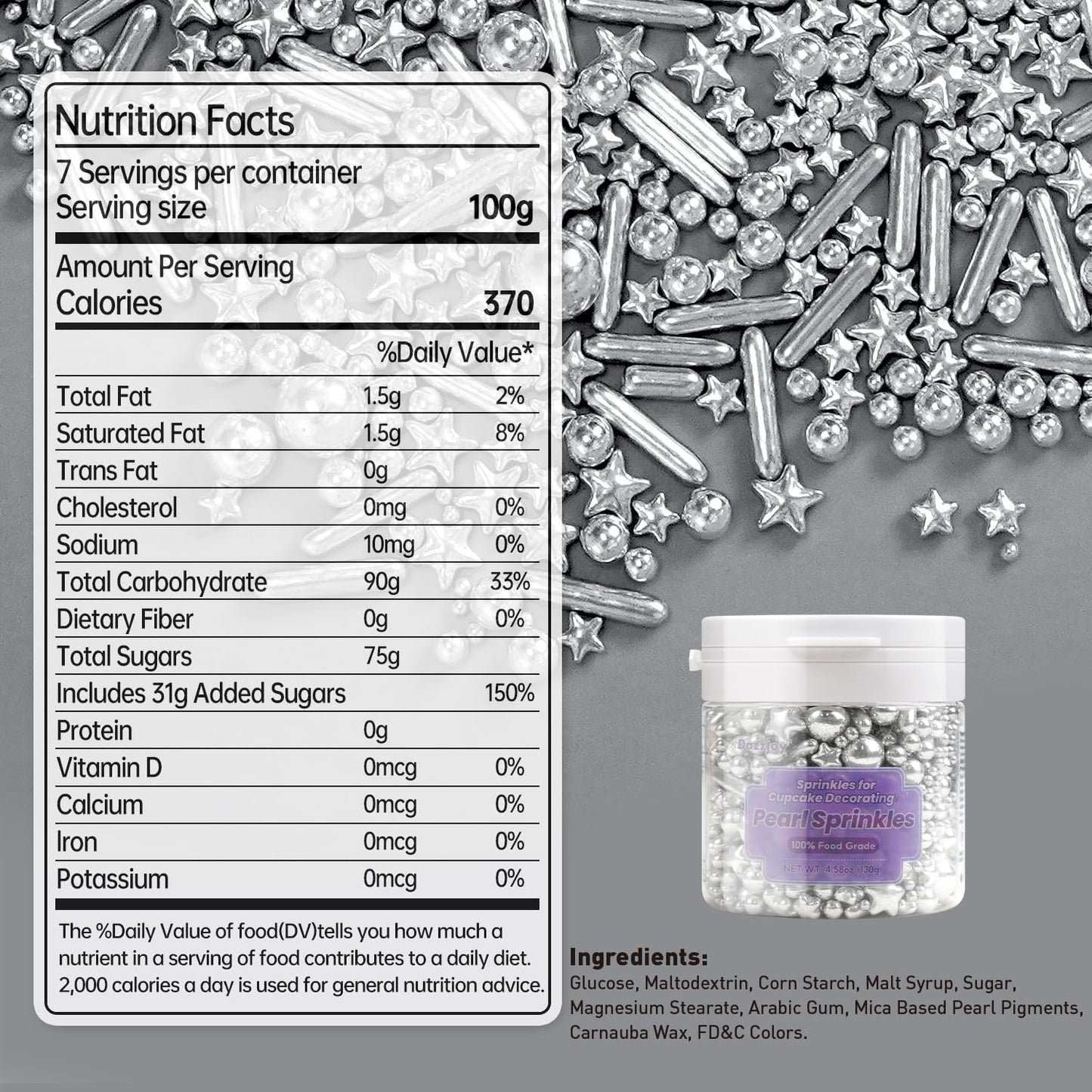 Dazzjoy Edible Silver Star Pearl Sprinkles, Ball Sugar Candy, Edible Silver Pearls for Cake Sprinkles, 130g/4.58oz, Cupcake & Cookies Topper Decoration, Wedding Party Halloween Christmas Supplies