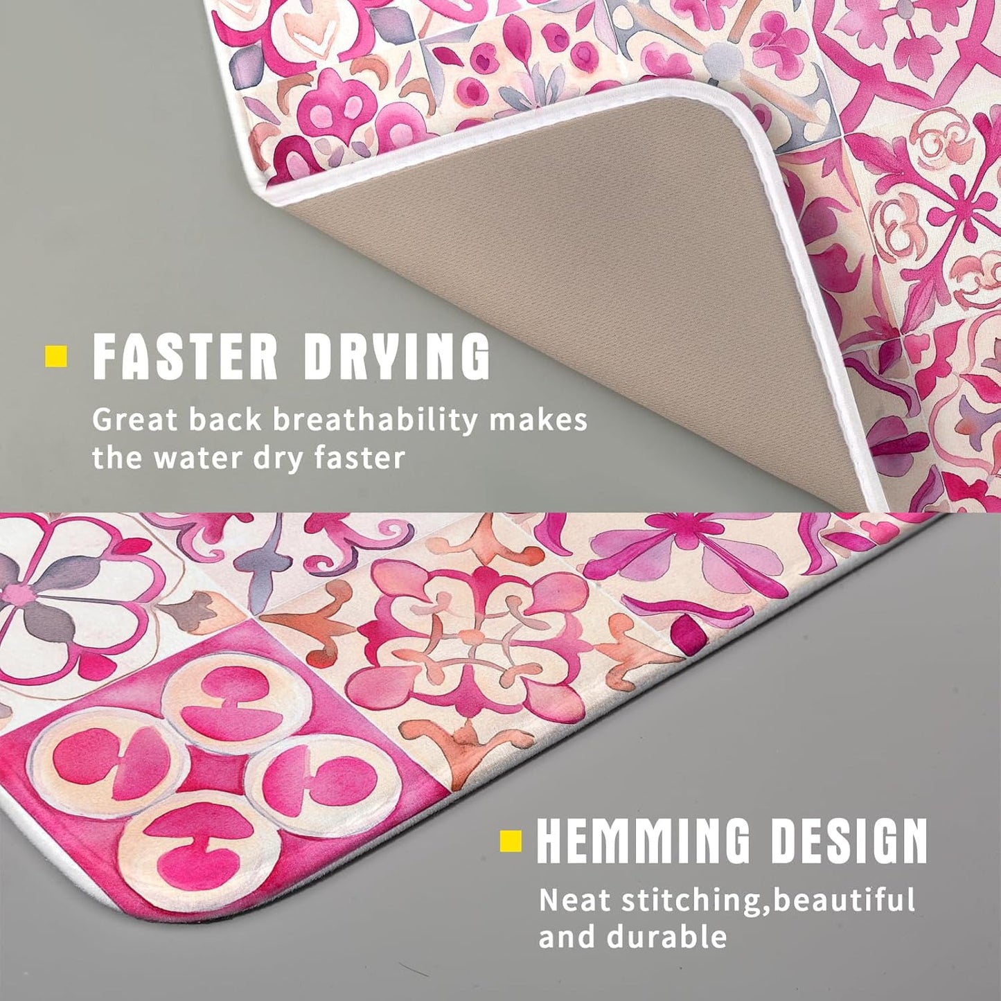 Pink Mexican Tiles Dish Drying Mat Absorbent Microfiber Dish Drying Pad for Kitchen Multi-use Large