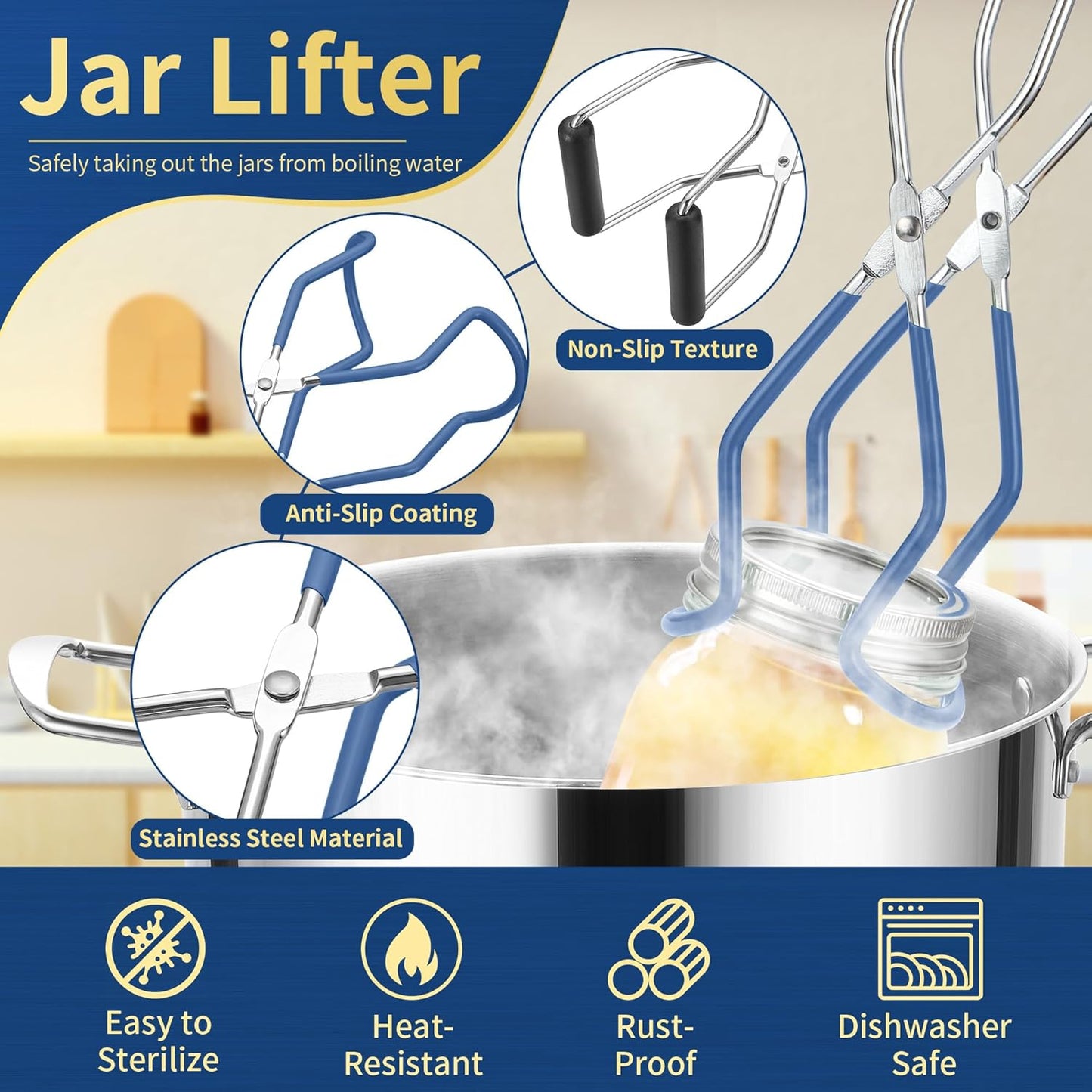 Canning Supplies Starter Kit,Canning Kit for Beginners of 12 with Rack，Silicone Oven Gloves，Jar Lifter，Funnel,Wrench,Tongs,Lid Lifter,Bubble Popper,Labels,ladle,Measuring spoon-G12-Blue