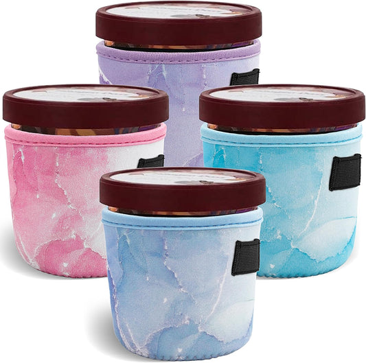 4 Pack Pint Size Ice Cream Sleeves Cozy Neoprene Cover with Spoon Holder Reusable Insulators Cream Sleeves (4 Pack B)
