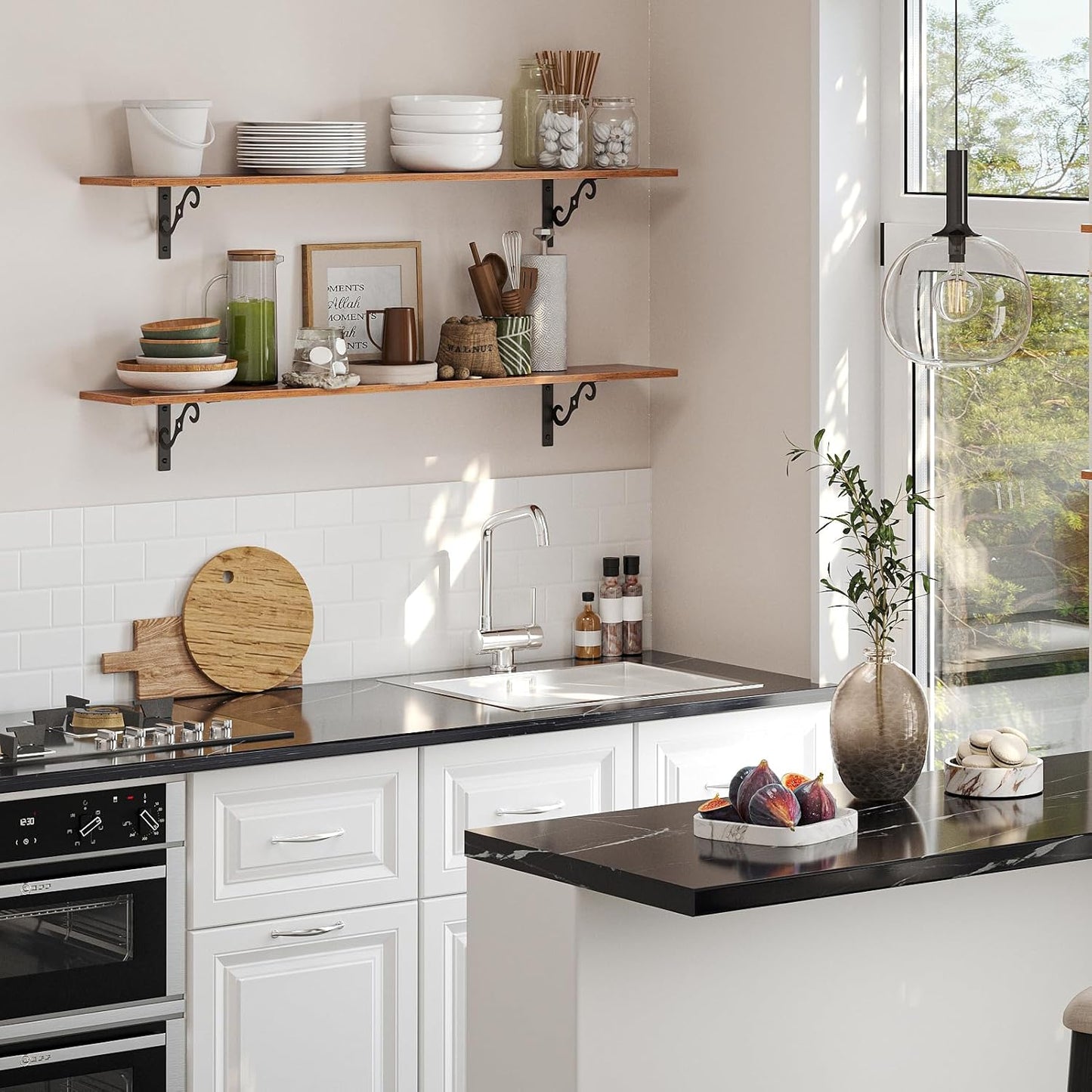 DINZI LVJ Long Wall Shelves, 47.3 Inch Large Floating Shelves Set of 4, Wide Display Shelf Wall Mounted with Brackets, Easy Hanging for Living Room, Toilet, Office, Bedroom, Rustic Brown