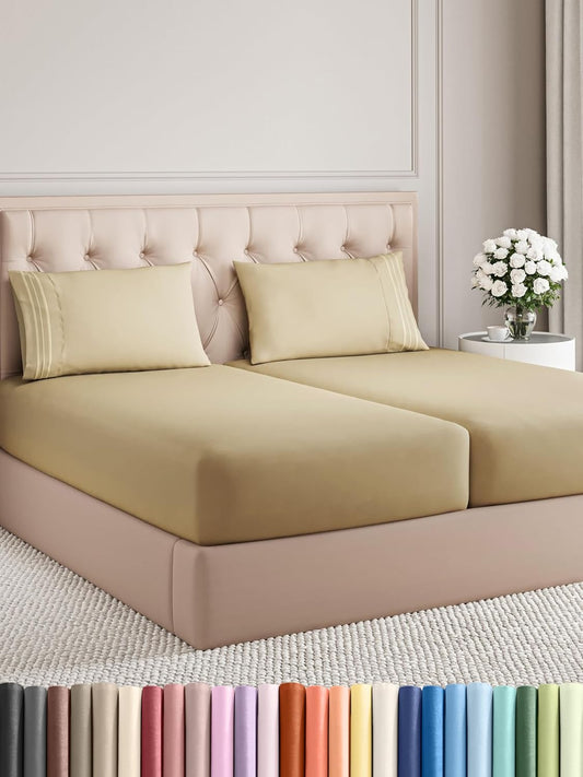 Split King Size 5 Piece Sheet Set - Comfy Breathable & Cooling Bed Sheets Set - Hotel Luxury Bedding for Women, Men, Kids, Teens, Boys & Girls - Deep Pockets, Soft and Wrinkle Free - Oeko-Tex - Beige