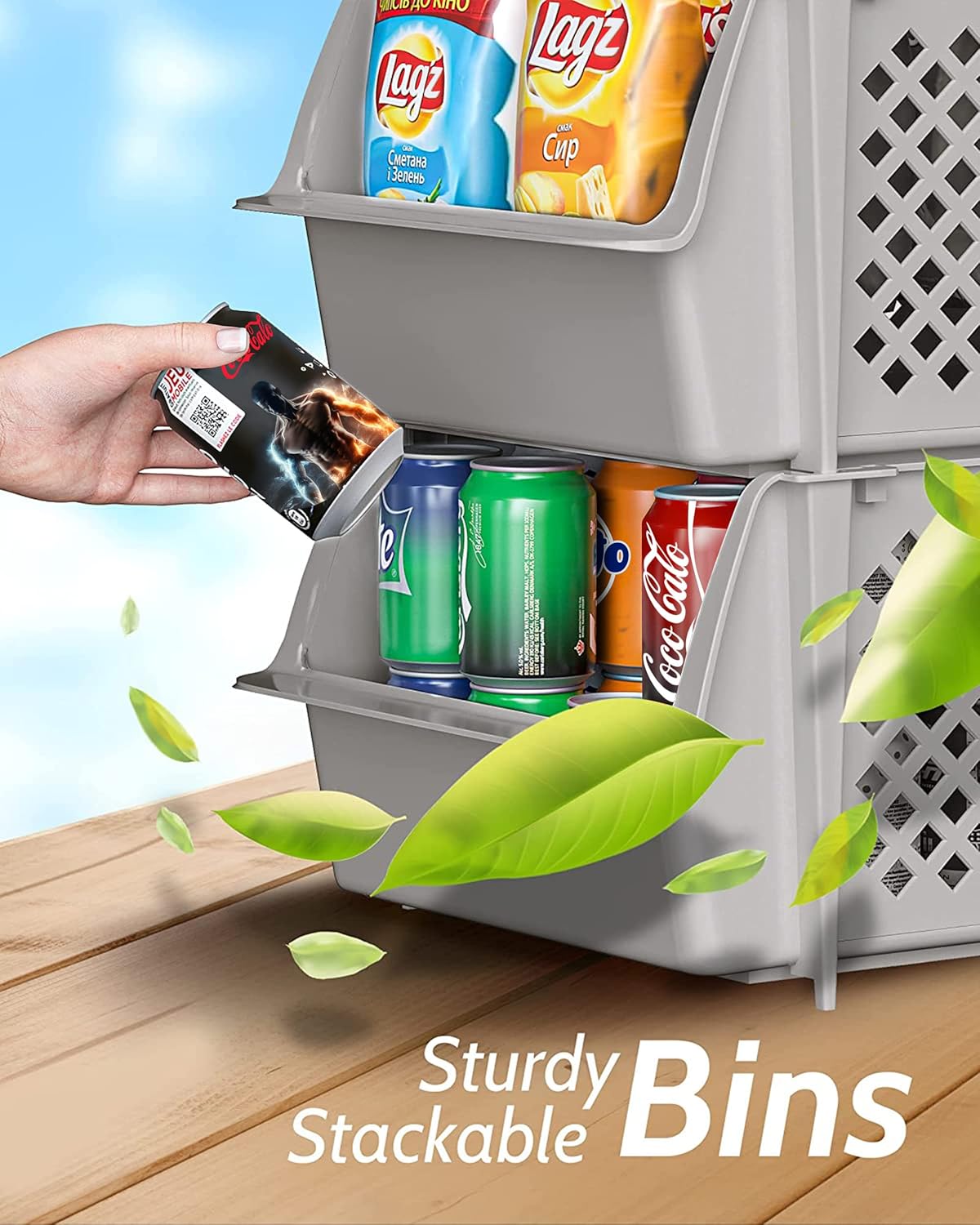 TidyFriend Stackable Storage Bins for Pantry, 4 Pack Stackable Bins For Organizing Food, Kitchen, and Bathroom Essentials (Light Grey)